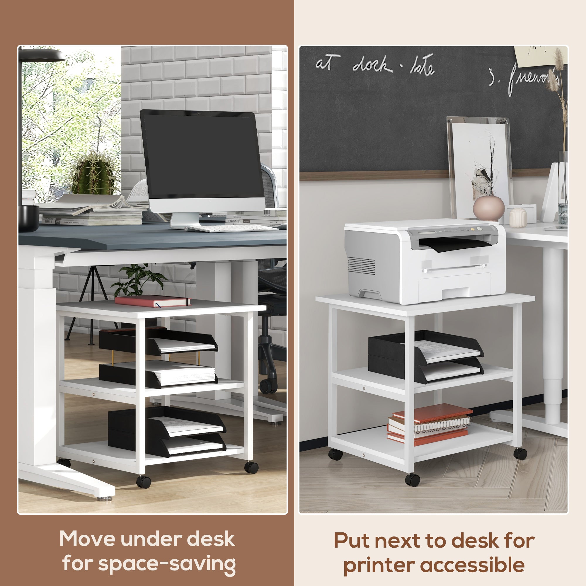 HOMCOM 3-Tier Printer Stand with Storage Shelf, Mobile Printer Table on Wheels, 50 x 50 x 52.5cm Rolling Printer Cart for Home Office, White
