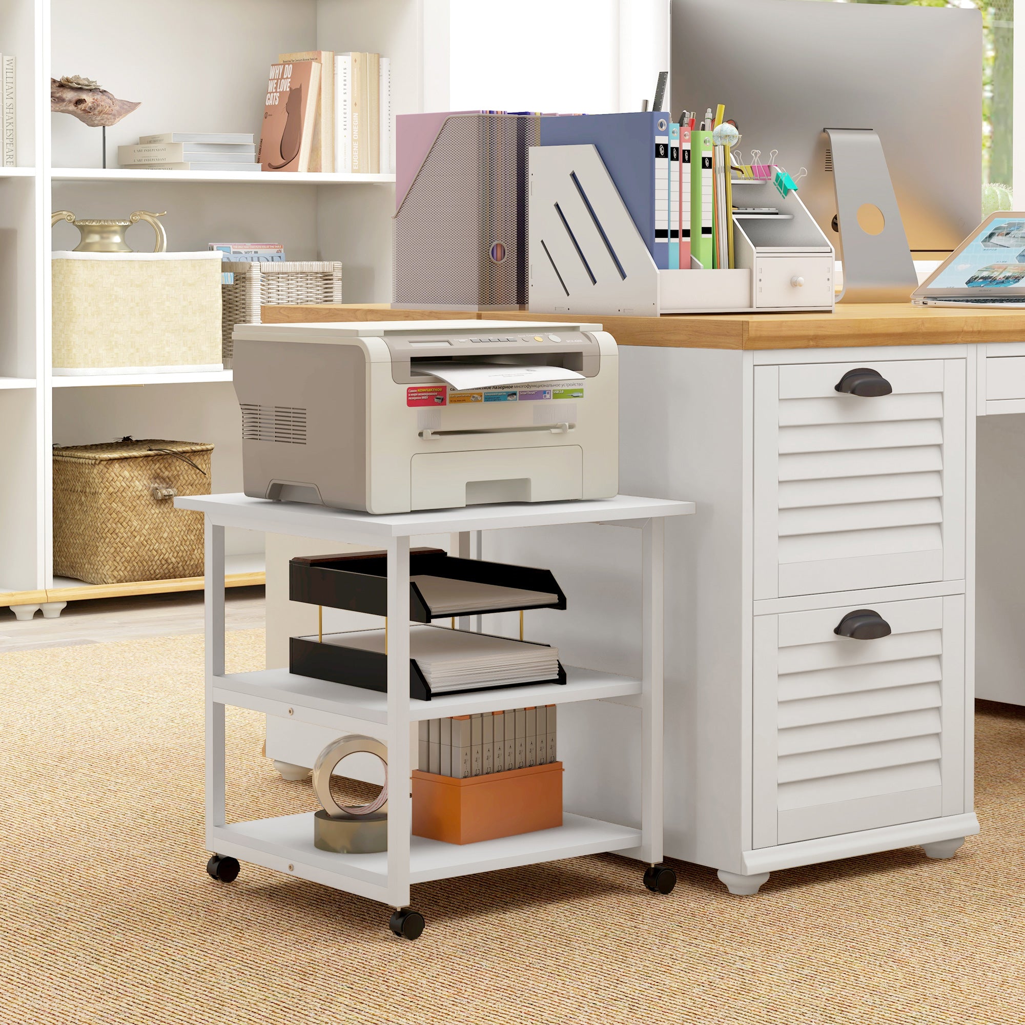 HOMCOM 3-Tier Printer Stand with Storage Shelf, Mobile Printer Table on Wheels, 50 x 50 x 52.5cm Rolling Printer Cart for Home Office, White