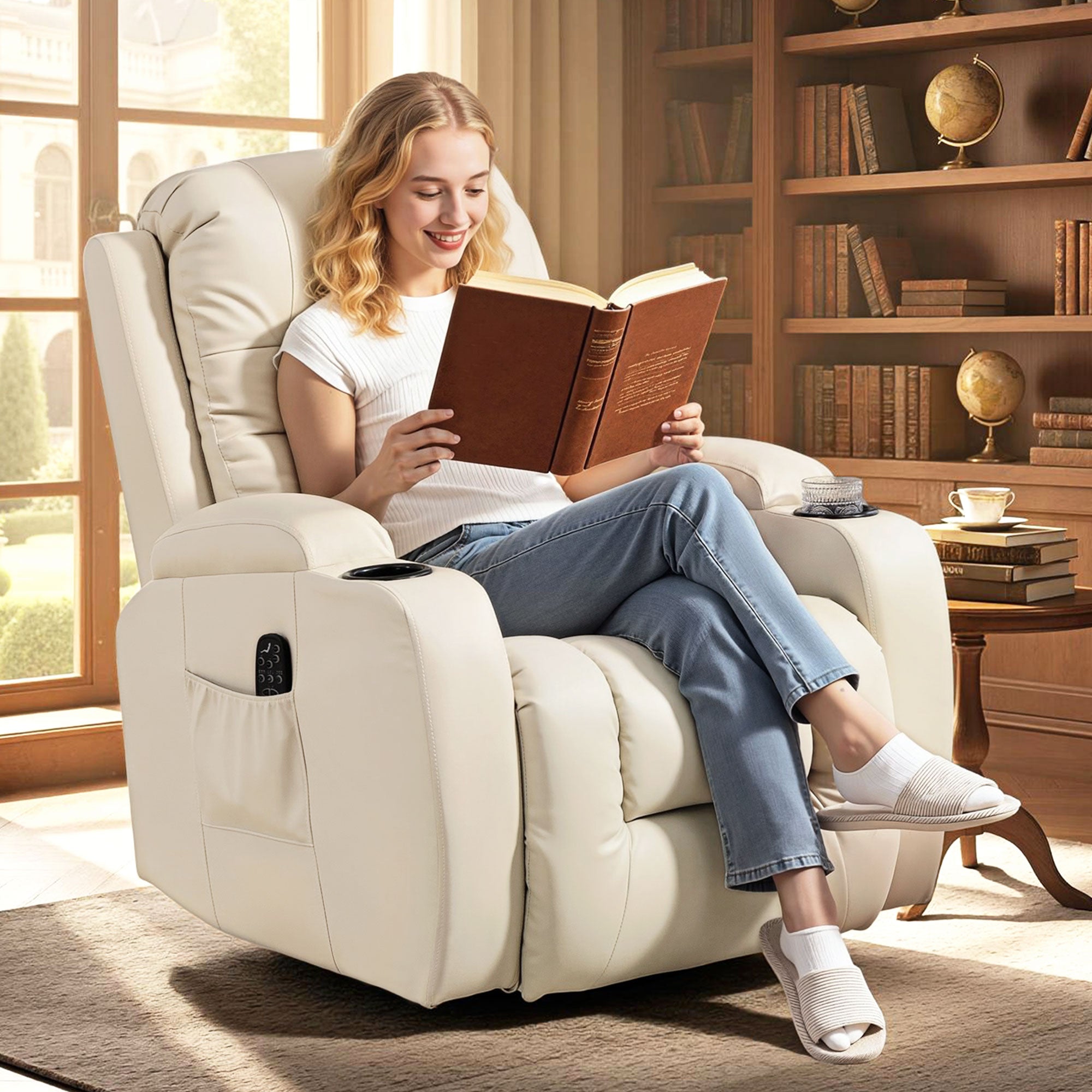 Recliner Armchair with Massage & Heat, PU Leather Recliner Chair with Extended Footrest, Cup Holders and Side Pockets, Swivel Rocking Manual Reclining Chair for Living Room, Cream