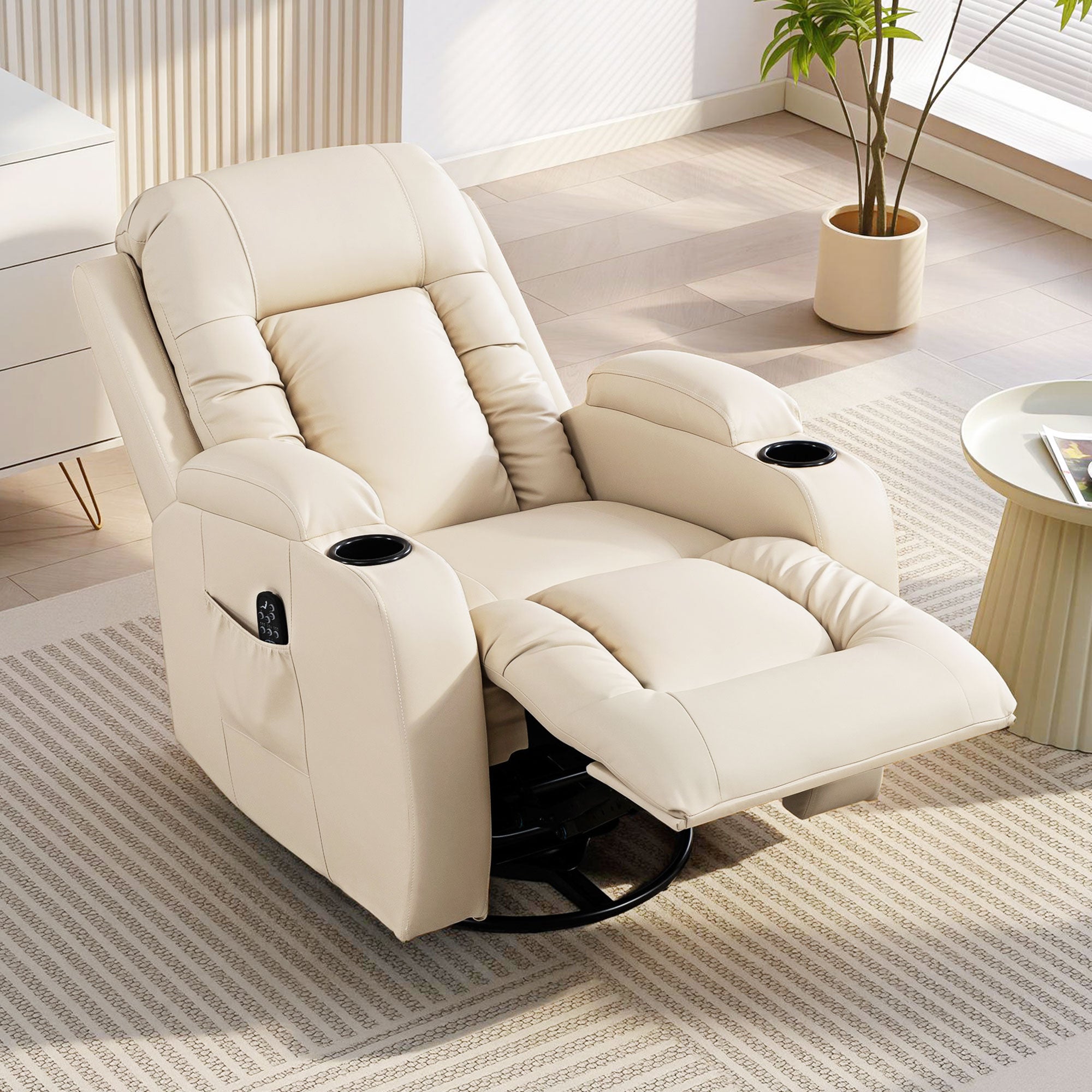 Recliner Armchair with Massage & Heat, PU Leather Recliner Chair with Extended Footrest, Cup Holders and Side Pockets, Swivel Rocking Manual Reclining Chair for Living Room, Cream