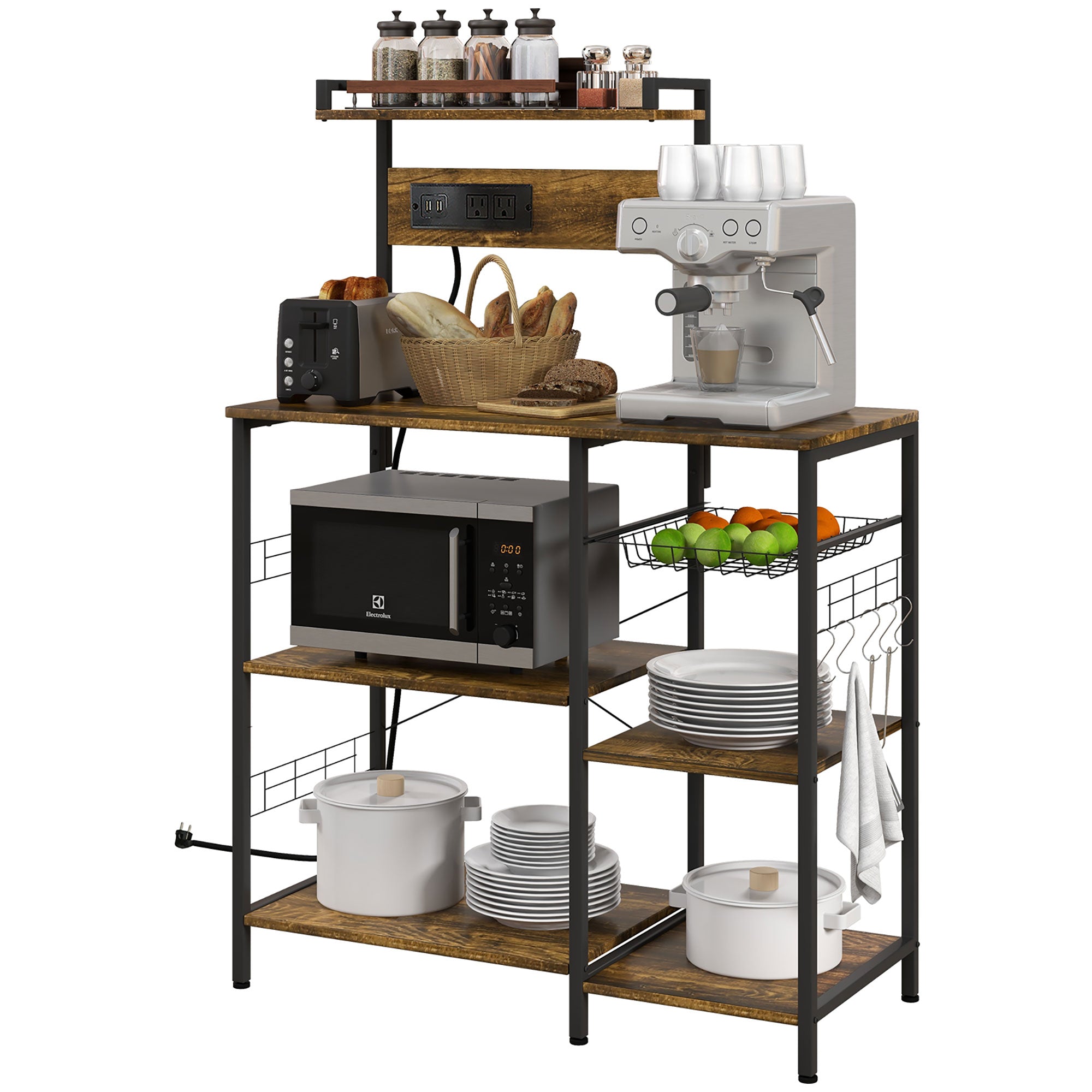 Kitchen Bakers Rack with Charge Station Industrial Microwave Stand with Adjustable Shelf 5 Hooks