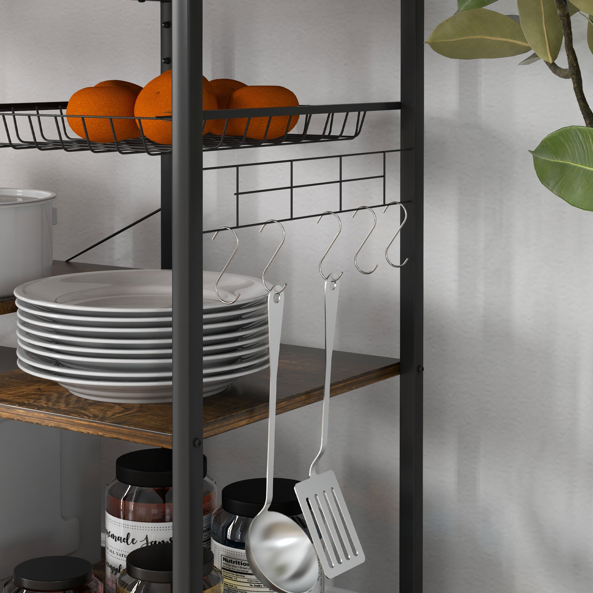 Kitchen Bakers Rack with Charge Station Industrial Microwave Stand with Adjustable Shelf 5 Hooks