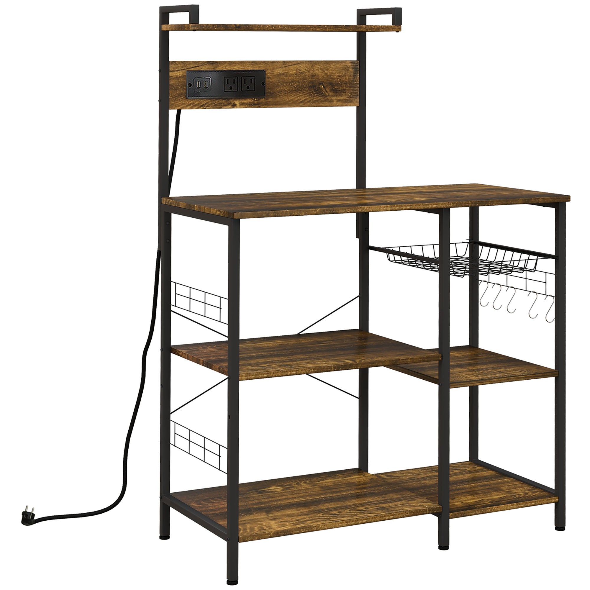 Kitchen Bakers Rack with Charge Station Industrial Microwave Stand with Adjustable Shelf 5 Hooks