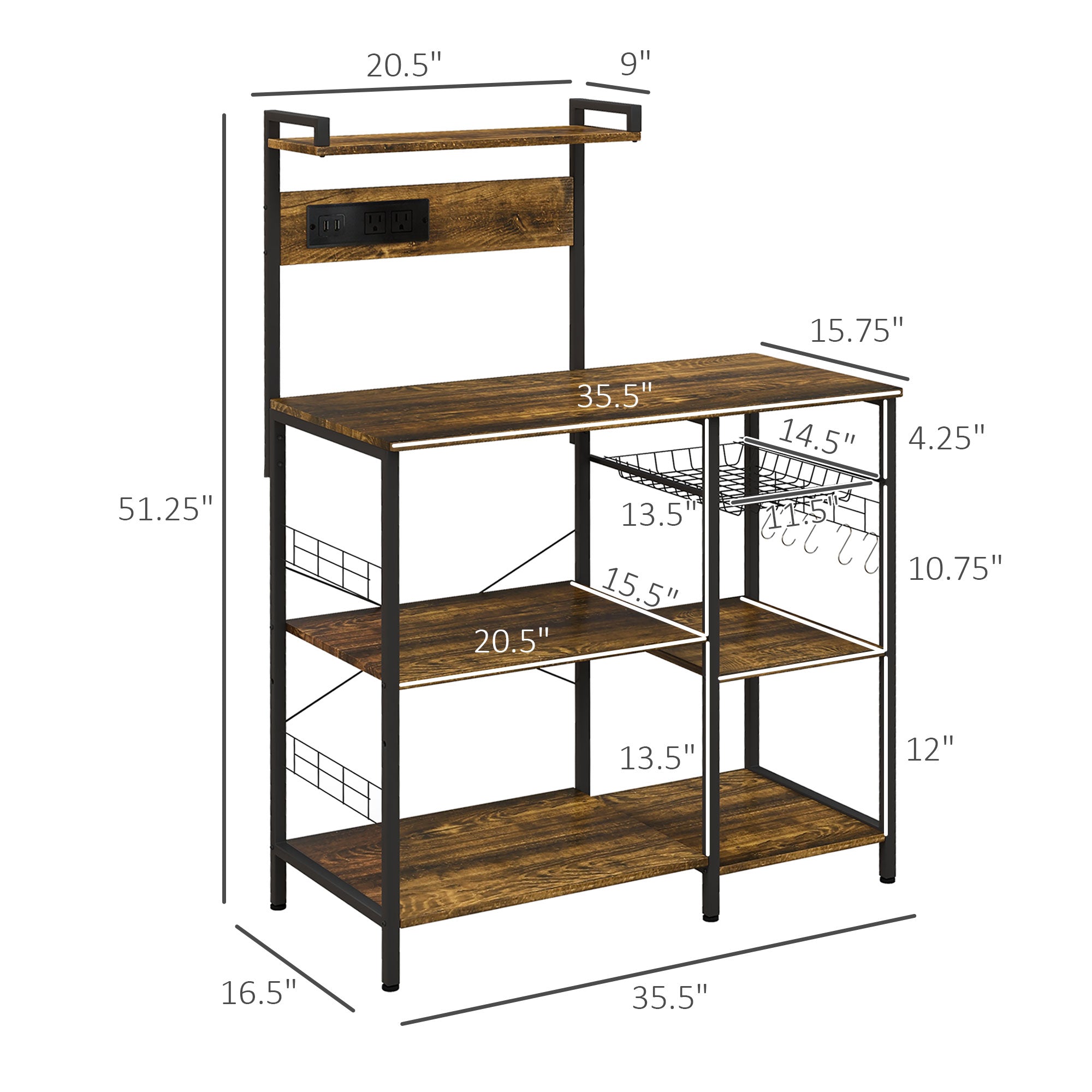 Kitchen Bakers Rack with Charge Station Industrial Microwave Stand with Adjustable Shelf 5 Hooks