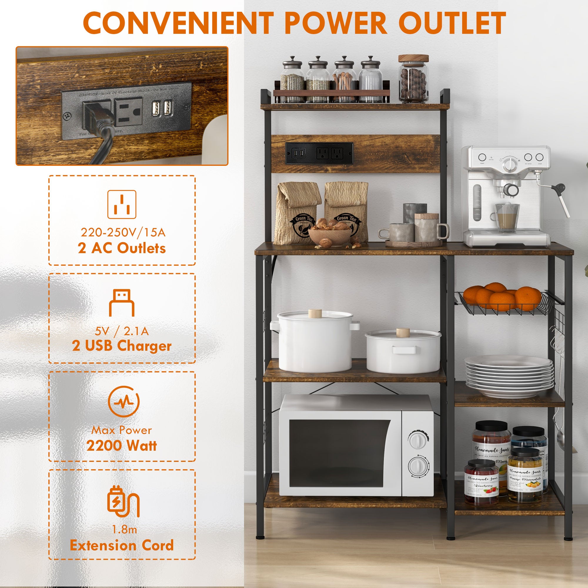 Kitchen Bakers Rack with Charge Station Industrial Microwave Stand with Adjustable Shelf 5 Hooks