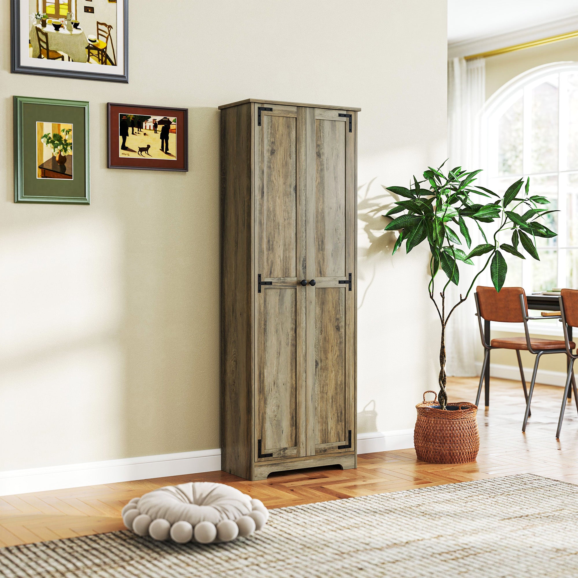 67" Farmhouse Pantry Cabinet, Freestanding Kitchen Pantry Storage Cabinet with Adjustable Shelves, Tall Storage Cupboard with Recessed Doors, Distressed Gray
