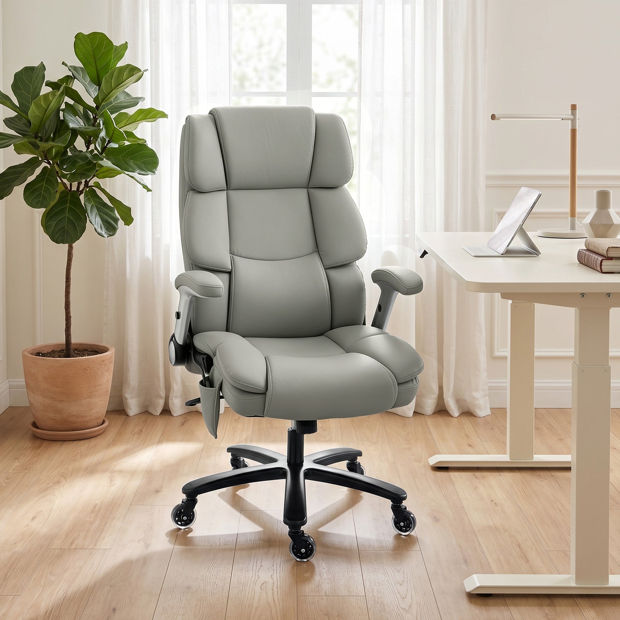 Heavy Duty Office Chair 400LBS with Airbag Lumbar Support, Pet-Friendly Fabric, Big and Tall Desk Chair with Flip-Up Armrests, Pocket Springs, Class 4 Gas Cylinder, Wide Seat, Light Gray