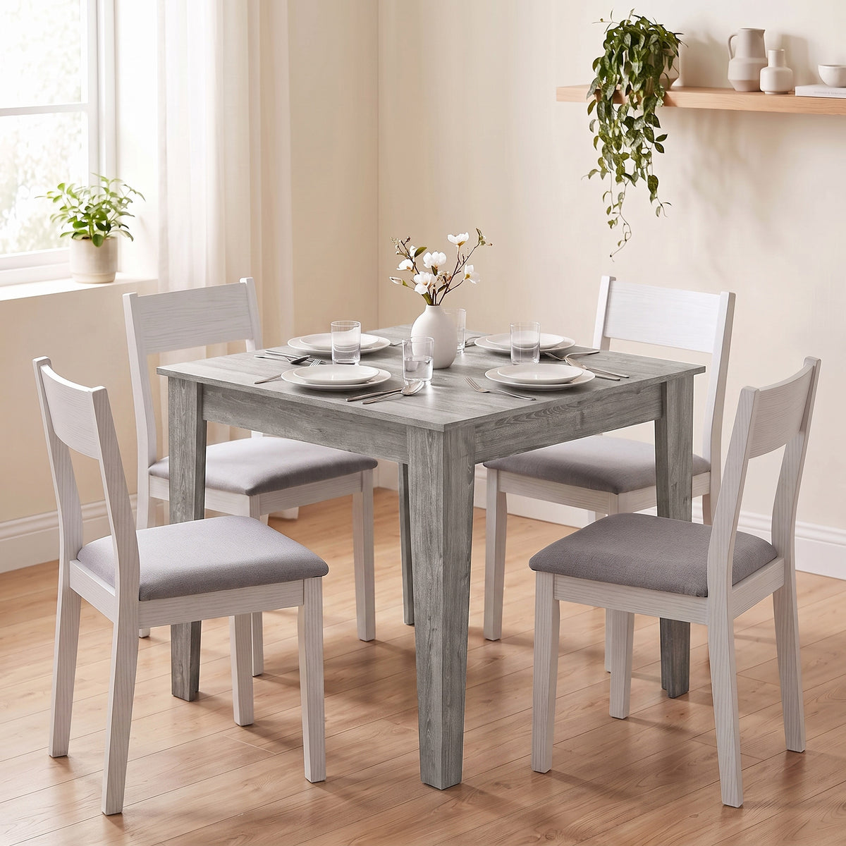 Dining Table for 4, 80L x 80W x 75Hcm, Modern Square Kitchen Table with Wood Effect Tabletop, for Dining Room, Kitchen, Living Room, Grey Wood Effect
