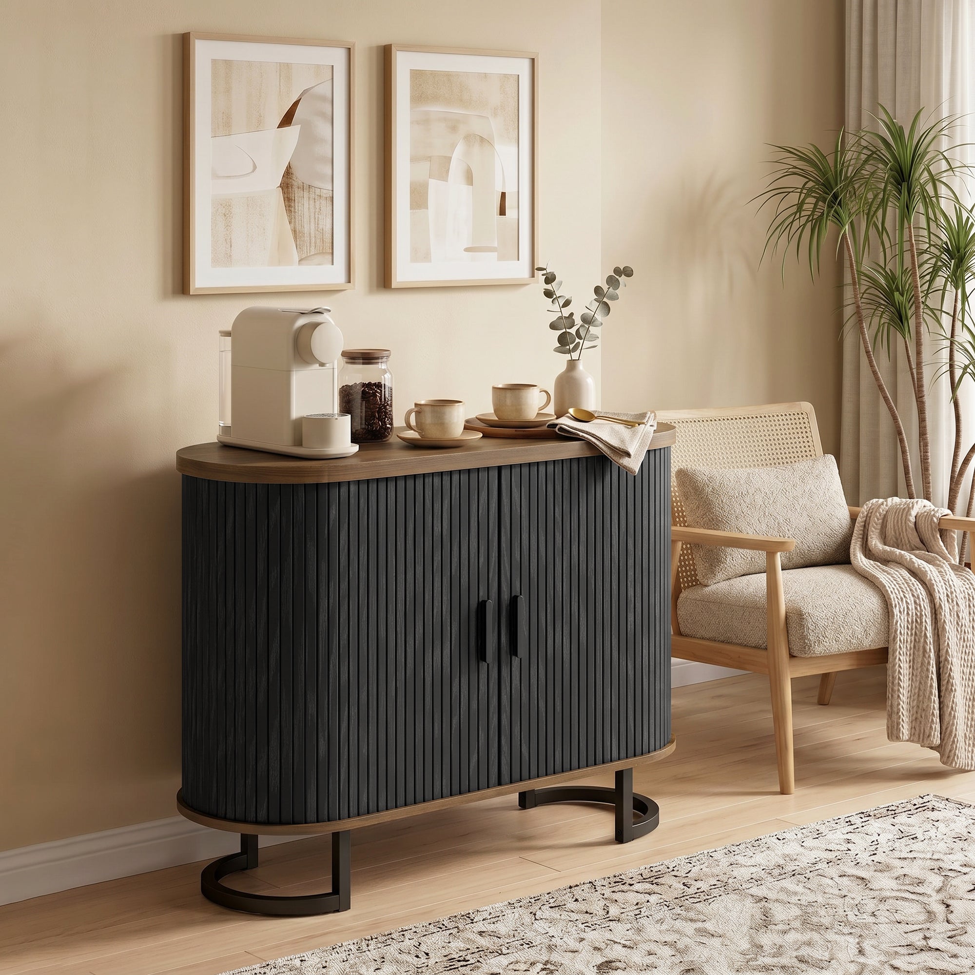 Sideboard Buffet Cabinet with Curved Tambour Doors and Thick Tabletop, 39.4" Coffee Bar Cabinet with Arc Metal Legs, Coffee Bar Station, Brown Wood Grain and Black