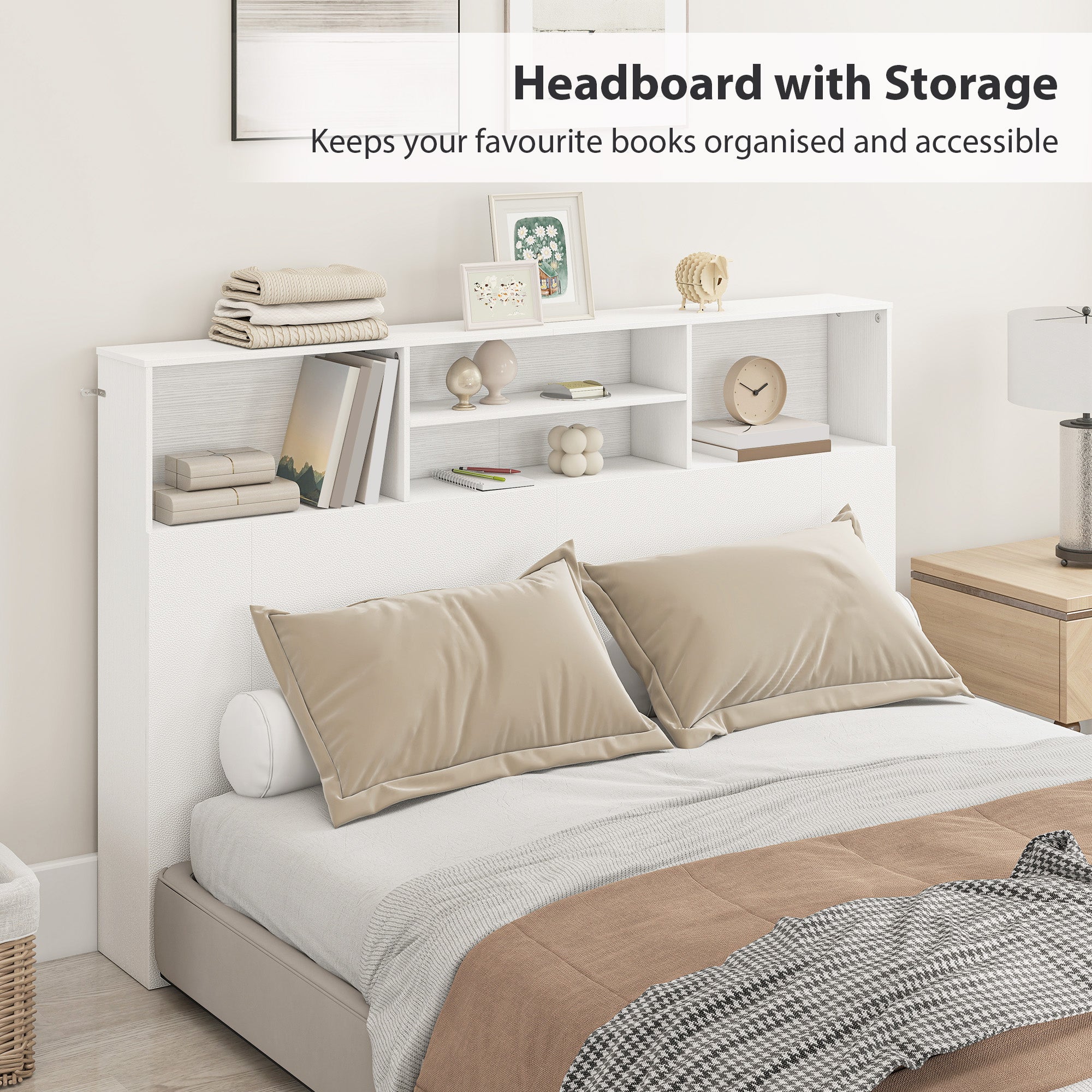 5ft King Size Headboard with Storage, Freestanding Bed Headboard with 4 Open Compartments for Bedroom, 160 x 20.2 x 108.2 cm, White