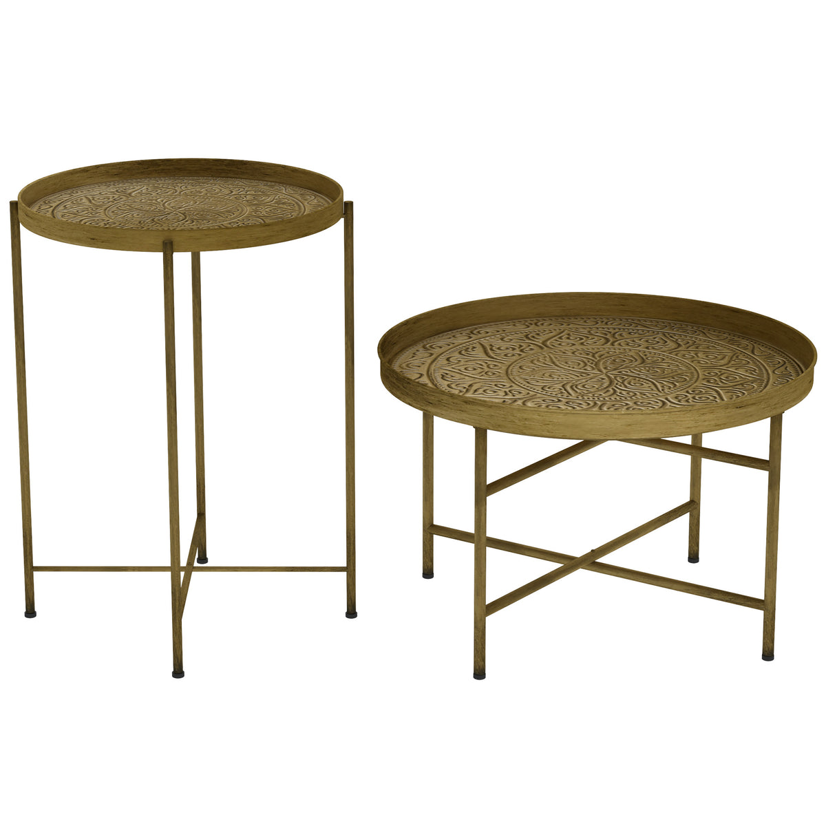 Round Coffee Table Set with Hammered Tray Top, Vintage Metal Center Table  Set for Living Room, Bedroom, Side Table Set, Gold