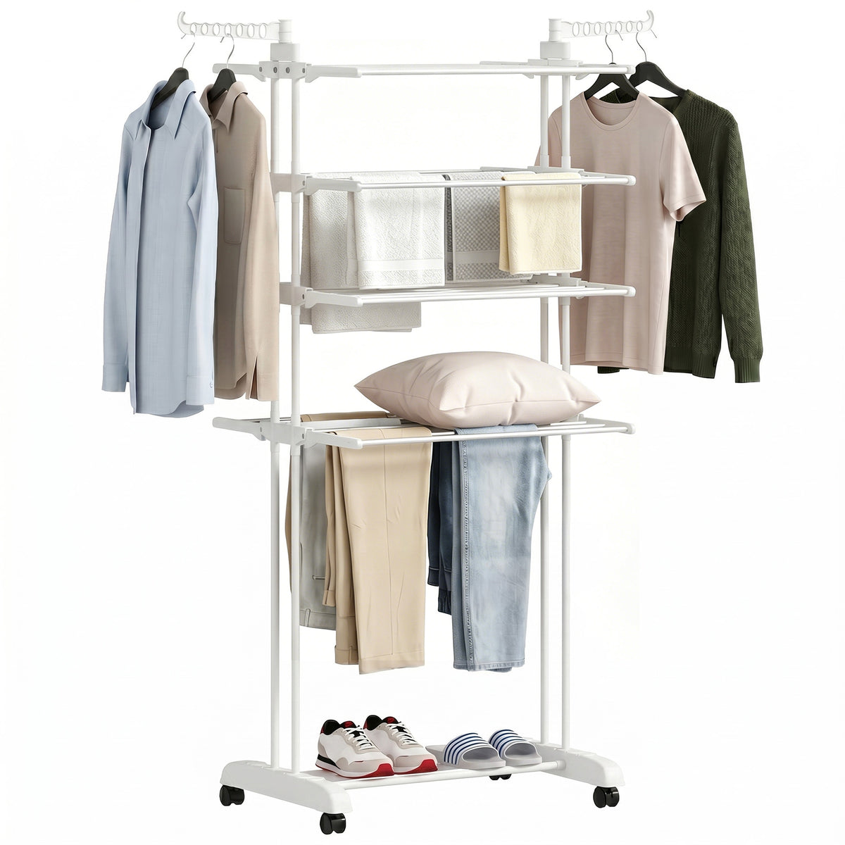 5-Tier Adjustable Clothes Drying Rack, Foldable Laundry Drying Rack with Wheels, Side Wings, Clothes Hanger for Indoor Outdoor Use, 28.7" x 25.2" x 67.7", White