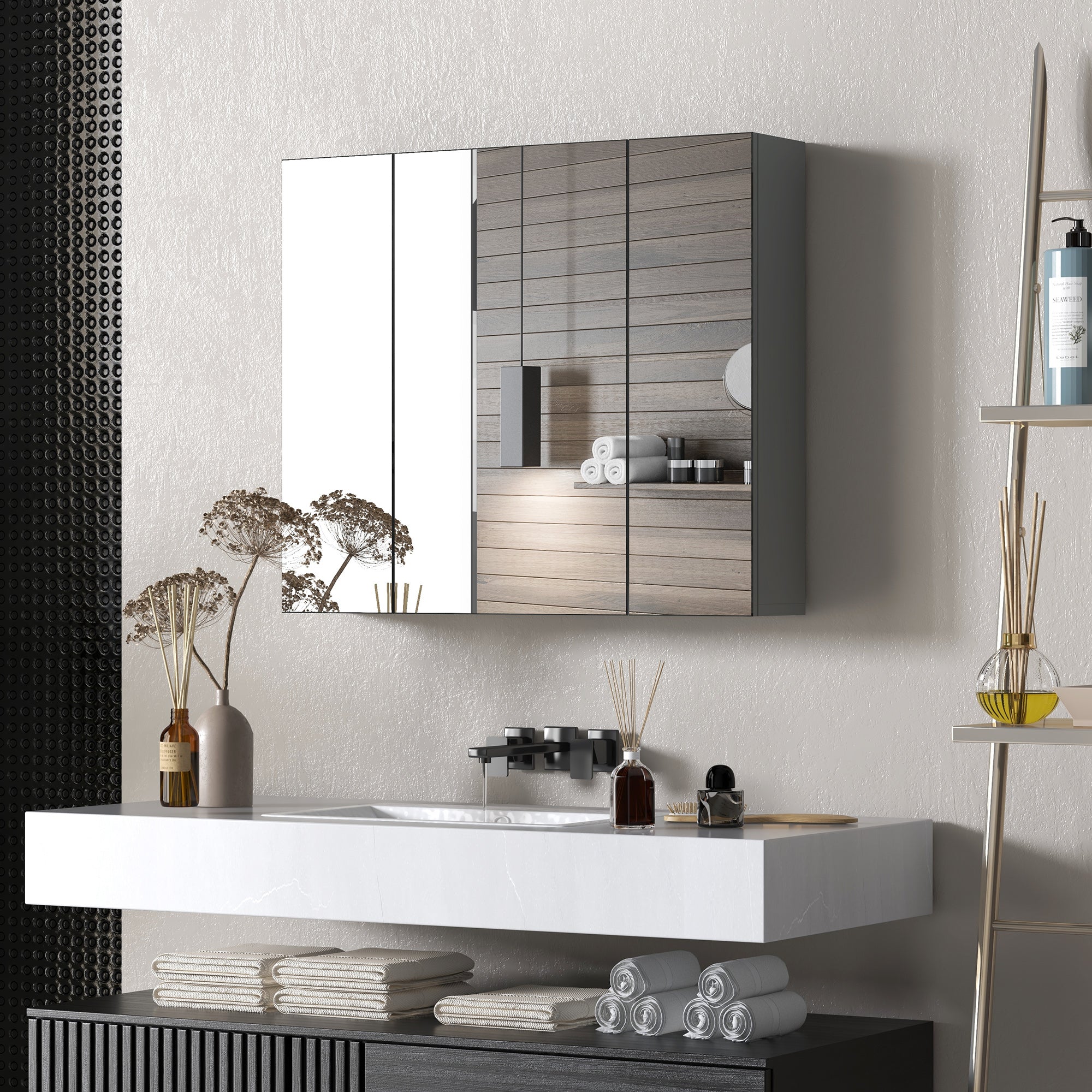 kleankin 28" x 24" Medicine Cabinet, Wall Mounted Bathroom Mirror Cabinet with Mirrored Doors, Adjustable Shelves and Soft Close Mechanism, Grey