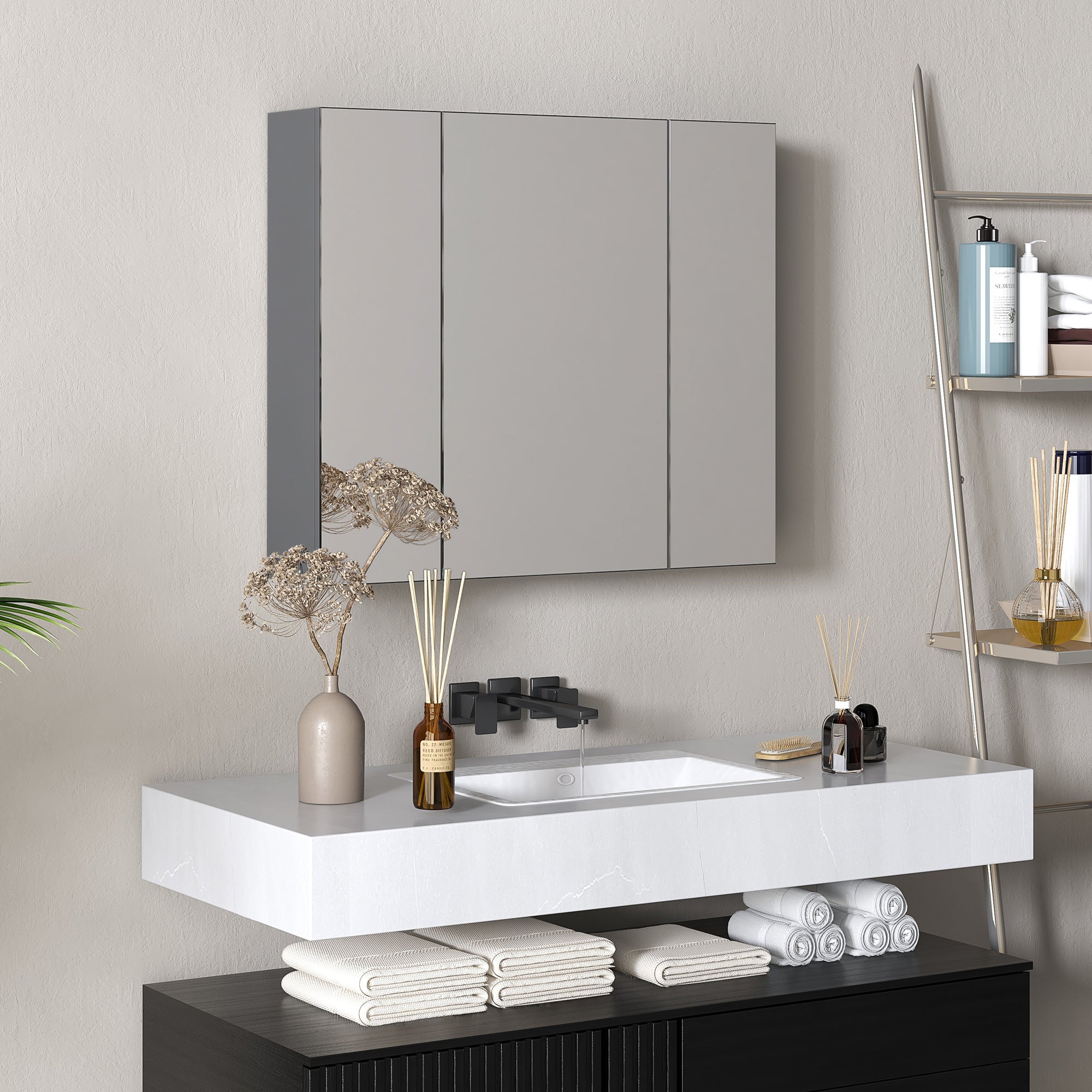 kleankin 28" x 24" Medicine Cabinet, Wall Mounted Bathroom Mirror Cabinet with Mirrored Doors, Adjustable Shelves and Soft Close Mechanism, Grey