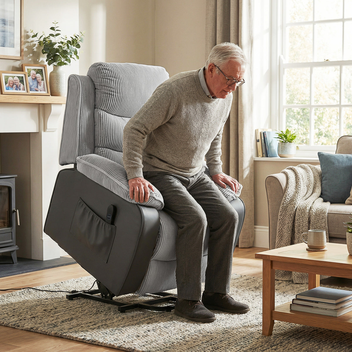 Riser Recliner Chair for Elderly, Corduroy Electric Power Lift Chair with Patchwork Design, Wide Seat, High Back, USB Port, 2 Side Pockets, Remote, Lift Armchair for Living Room, Light Grey