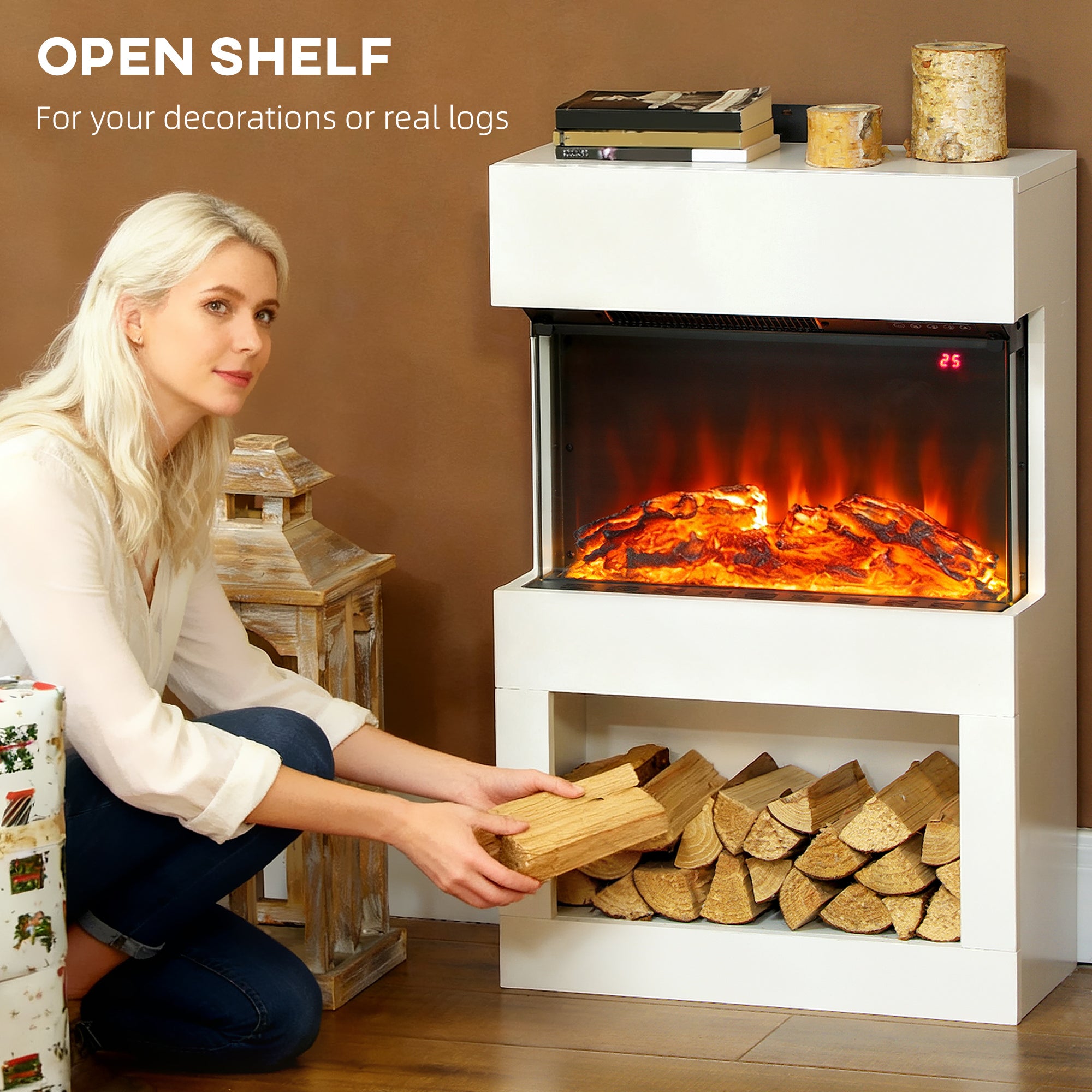 19" Electric Fireplace with Surround, 3D Flame Effect, 6 Colours & 3 Brightness Levels, 1000W/2000W White Electric Fire and Mantel Reach up to 30㎡ Space with Remote & Timer, 3 Sided View
