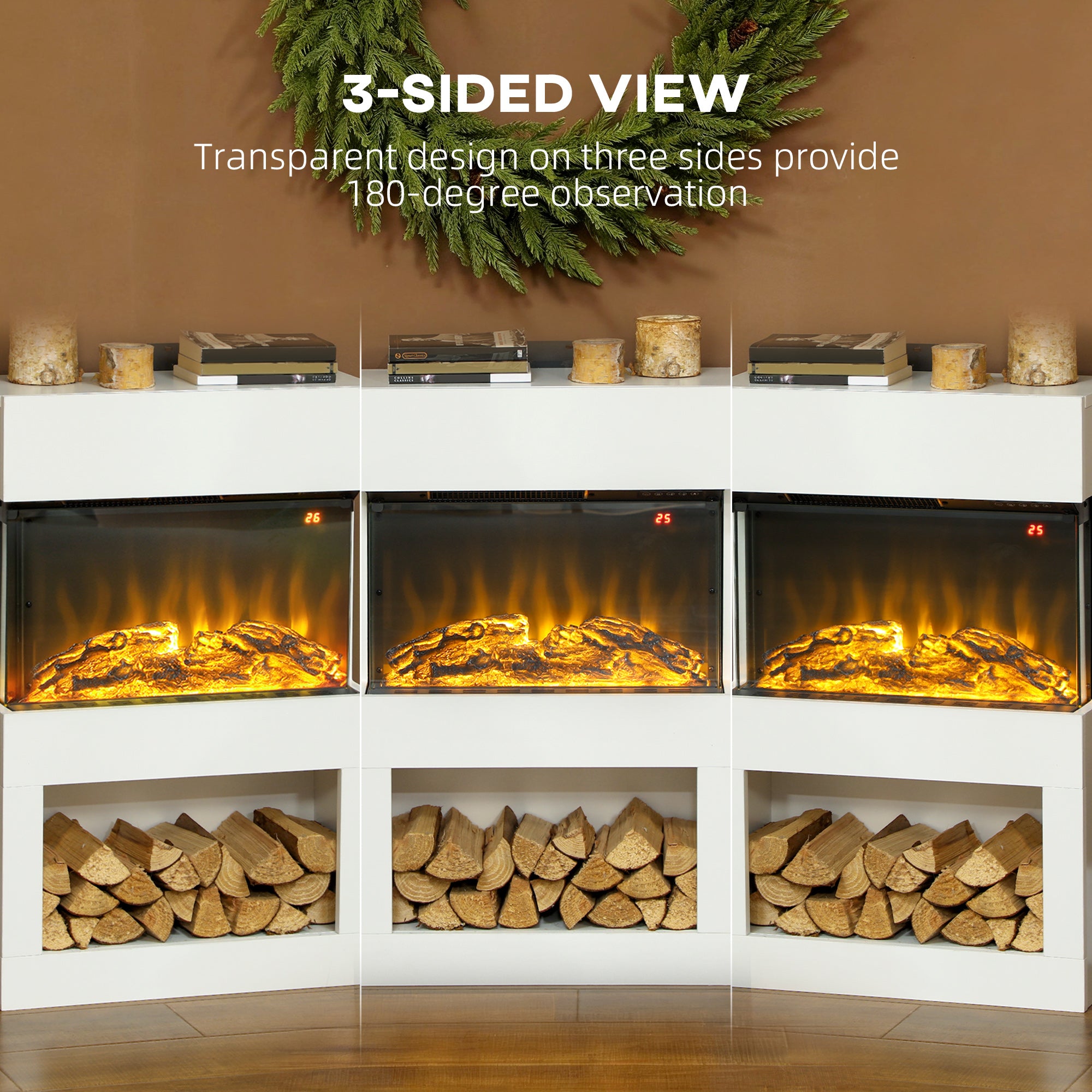 19" Electric Fireplace with Surround, 3D Flame Effect, 6 Colours & 3 Brightness Levels, 1000W/2000W White Electric Fire and Mantel Reach up to 30㎡ Space with Remote & Timer, 3 Sided View