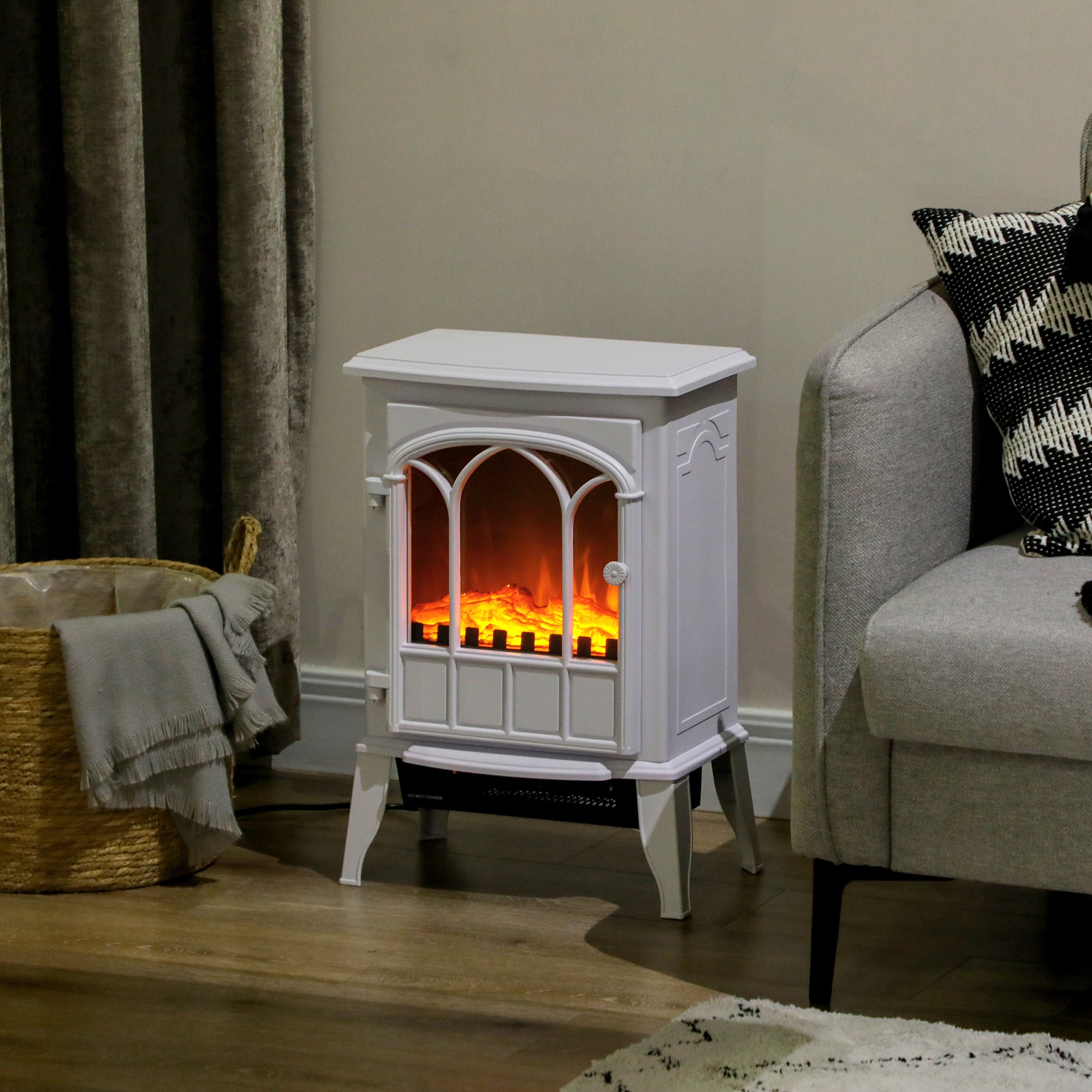 HOMCOM Freestanding Electric Fireplace, Electric Stove Heater with LED Flame Effect, Overheating Safety System, 1000W/2000W White