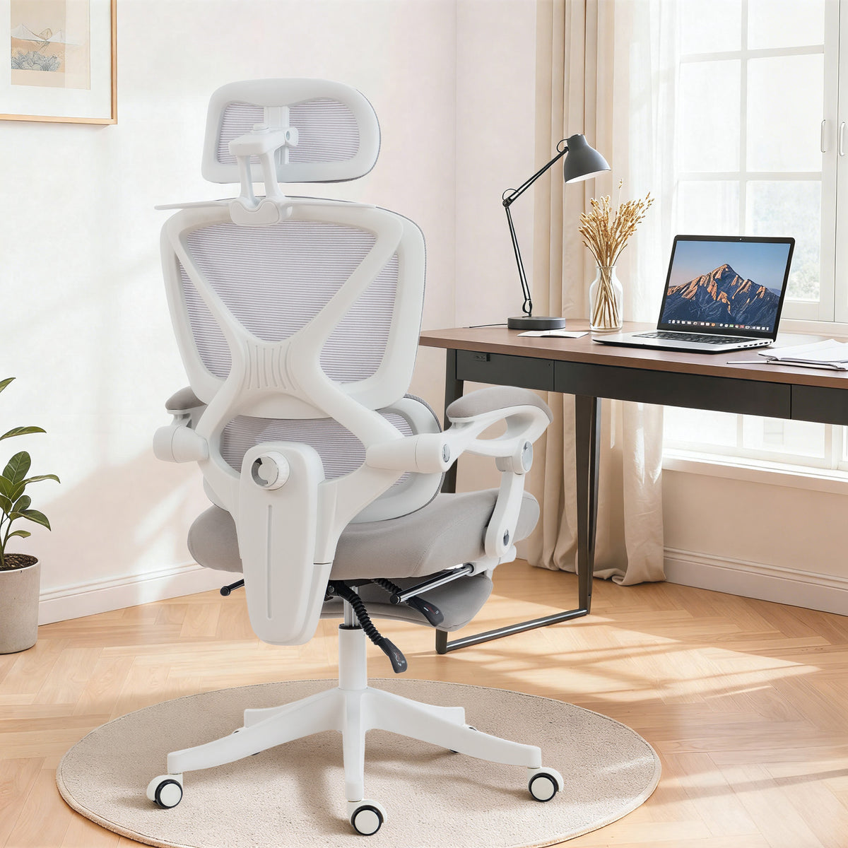 Ergonomic Office Chair, Mesh Computer Desk Chair with Adjustable Headrest and Height, Lumbar Support, High Back, Reclining Function, Footrest, Light Grey