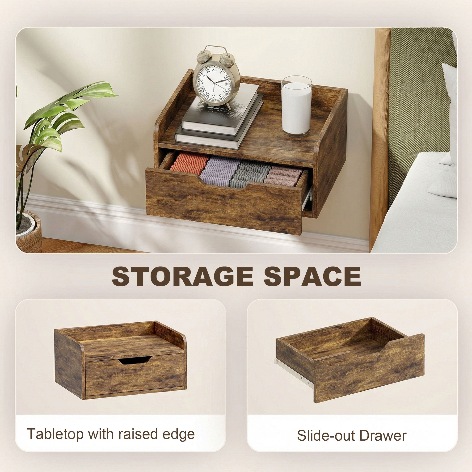 Floating Nightstands Set of 2, Wall Mounted Bedside Table with Storage Drawer for Bedroom, Rustic Brown