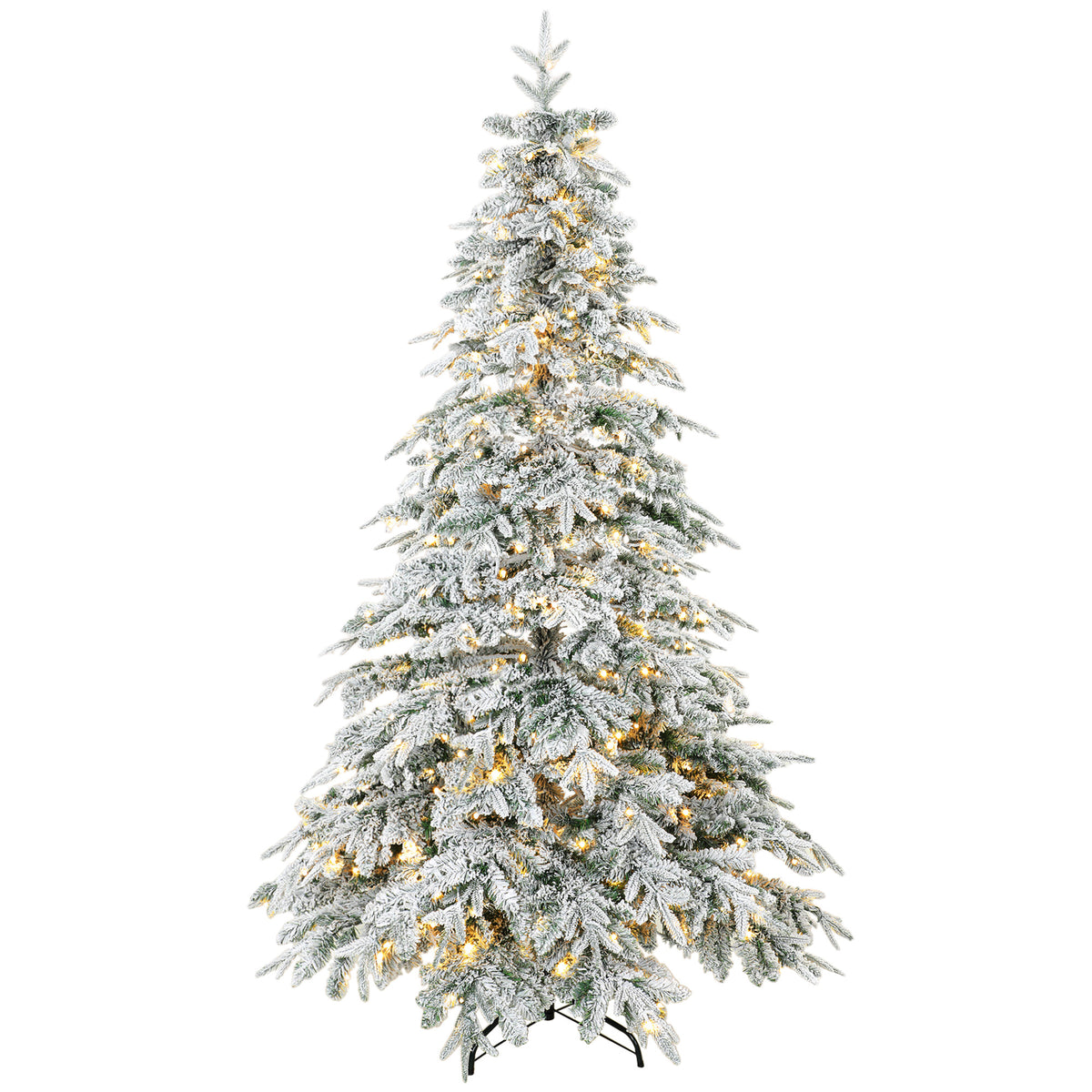 6ft Prelit Flocked Christmas Tree, Artificial Downswept Hinged Xmas Tree with 350 Warm White LED Lights, 8 Modes, Daily Timer, 740 Tips, Remote, Steel Stand, Green White