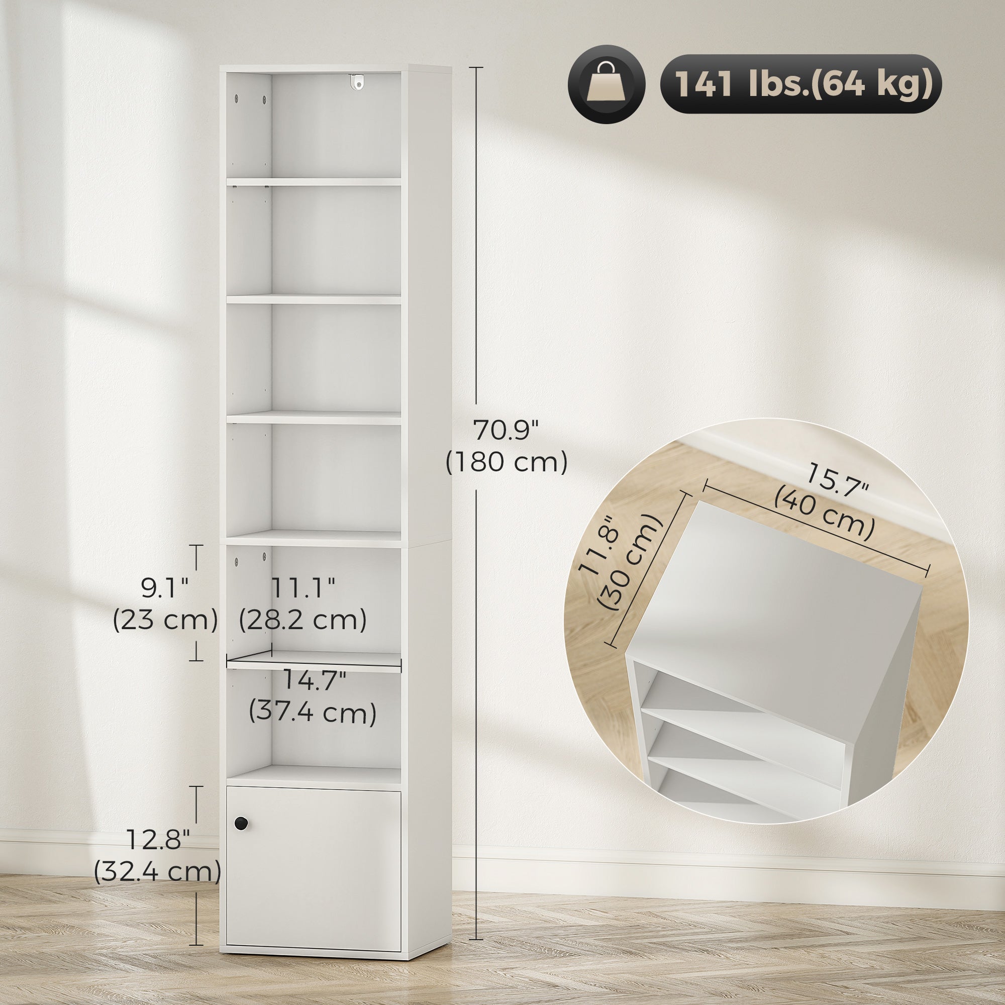 7-Tier Bookcase with Adjustable Shelf, Modern Freestanding Display Shelf Unit with Cabinet for Living Room, Office, White