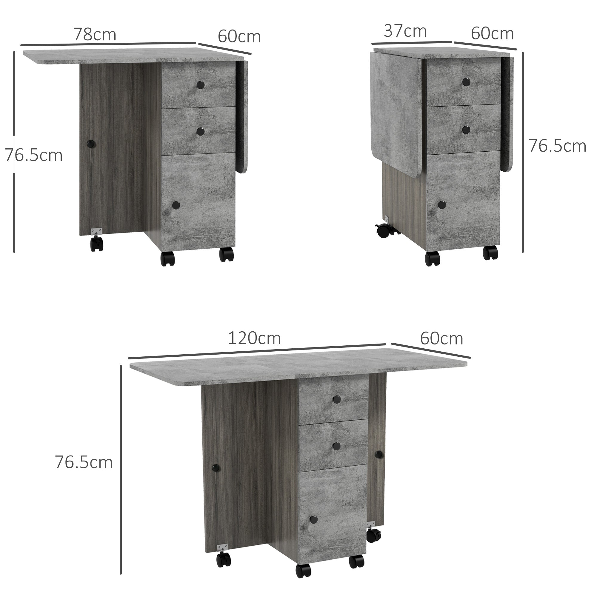 HOMCOM Folding Dining Table for 4-6, Rolling Drop Leaf Table with Storage Drawers, Cabinet and Open Shelf, Extendable Kitchen Table on Wheels, Grey Marble Effect