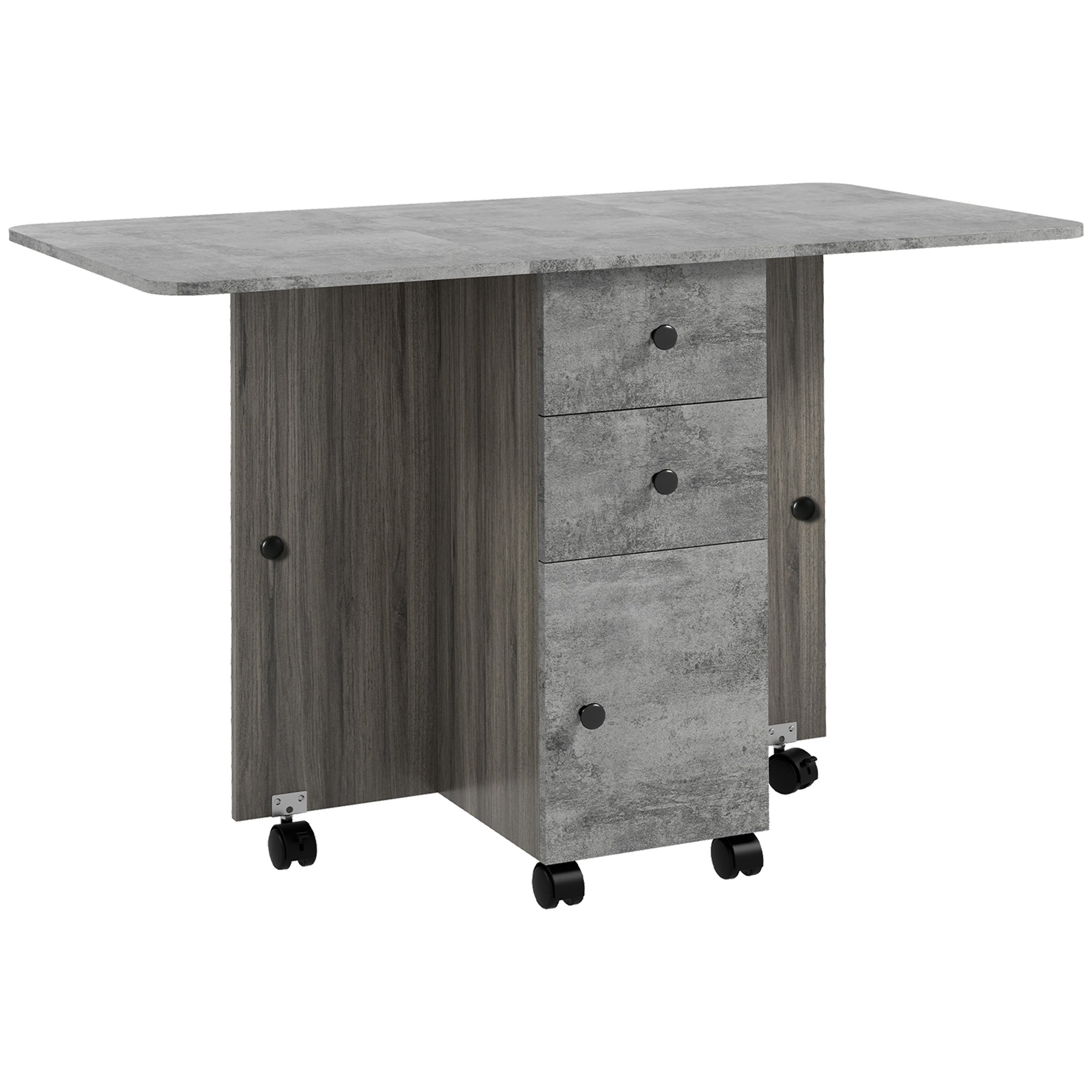 HOMCOM Folding Dining Table for 4-6, Rolling Drop Leaf Table with Storage Drawers, Cabinet and Open Shelf, Extendable Kitchen Table on Wheels, Grey Marble Effect