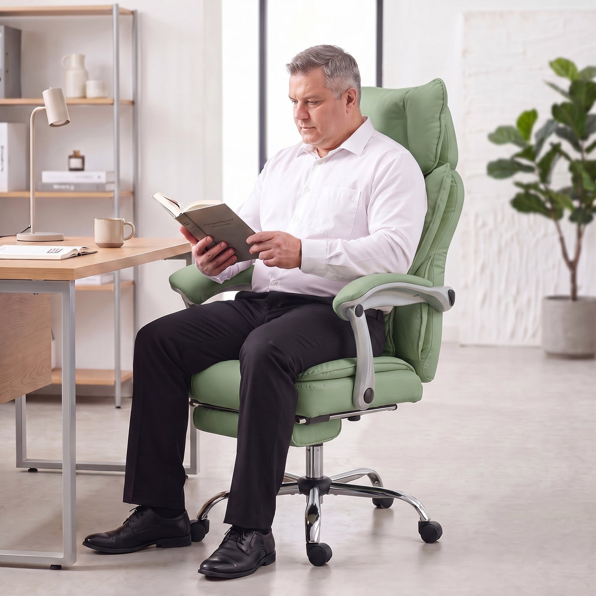 Executive Office Chair, 180kg Big and Tall PU Leather Desk Chair with Adjustable Headrest, Lumbar Support, Wide Seat, Reclining Back, Footrest, Swivel Wheels, Light Green