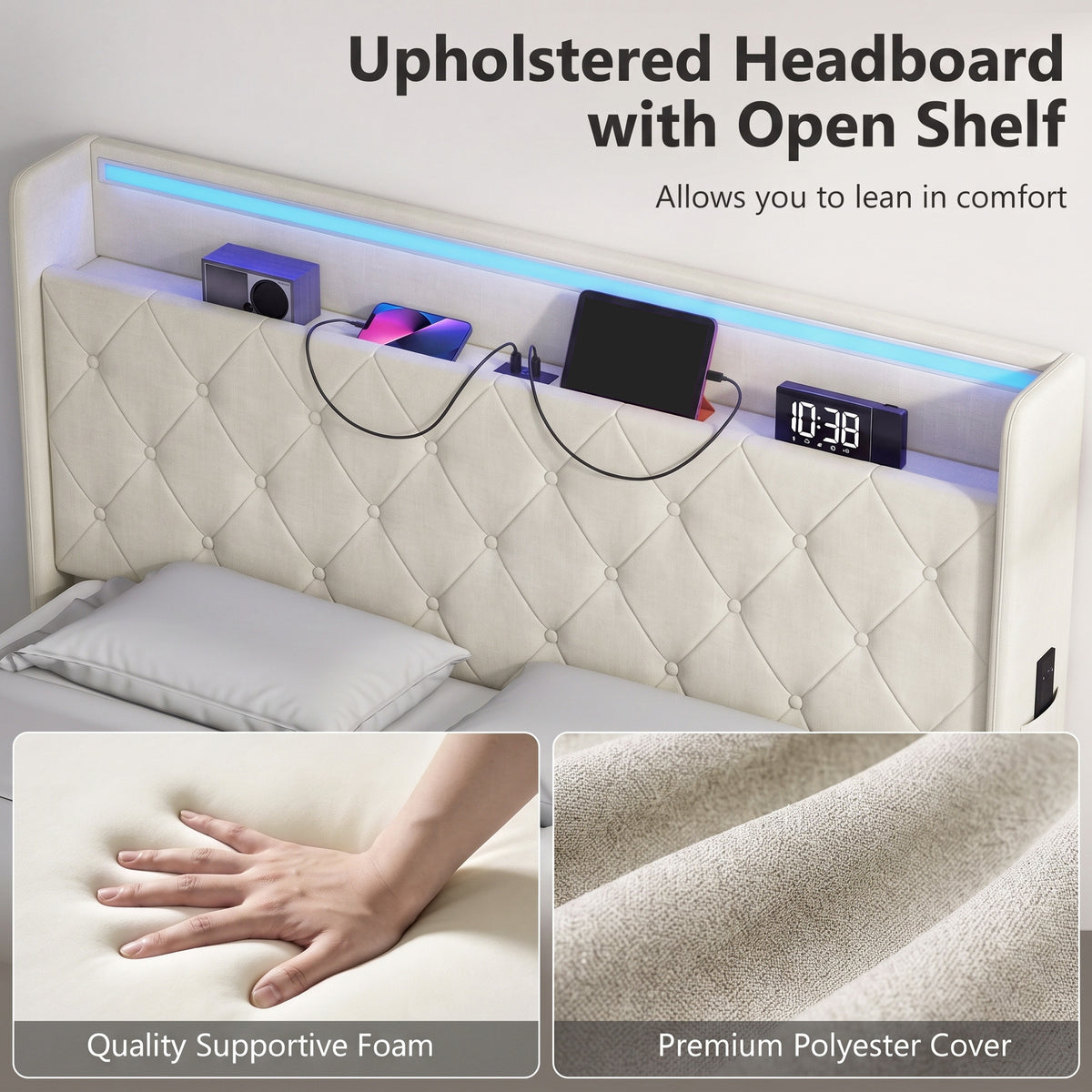 4ft6 Double Ottoman Bed Frame with Hydraulic Storage, APP Control LED Lights and Charging Station, Upholstered Lift Up Storage Bed Frame with Headboard, No Box Spring Needed, Cream White