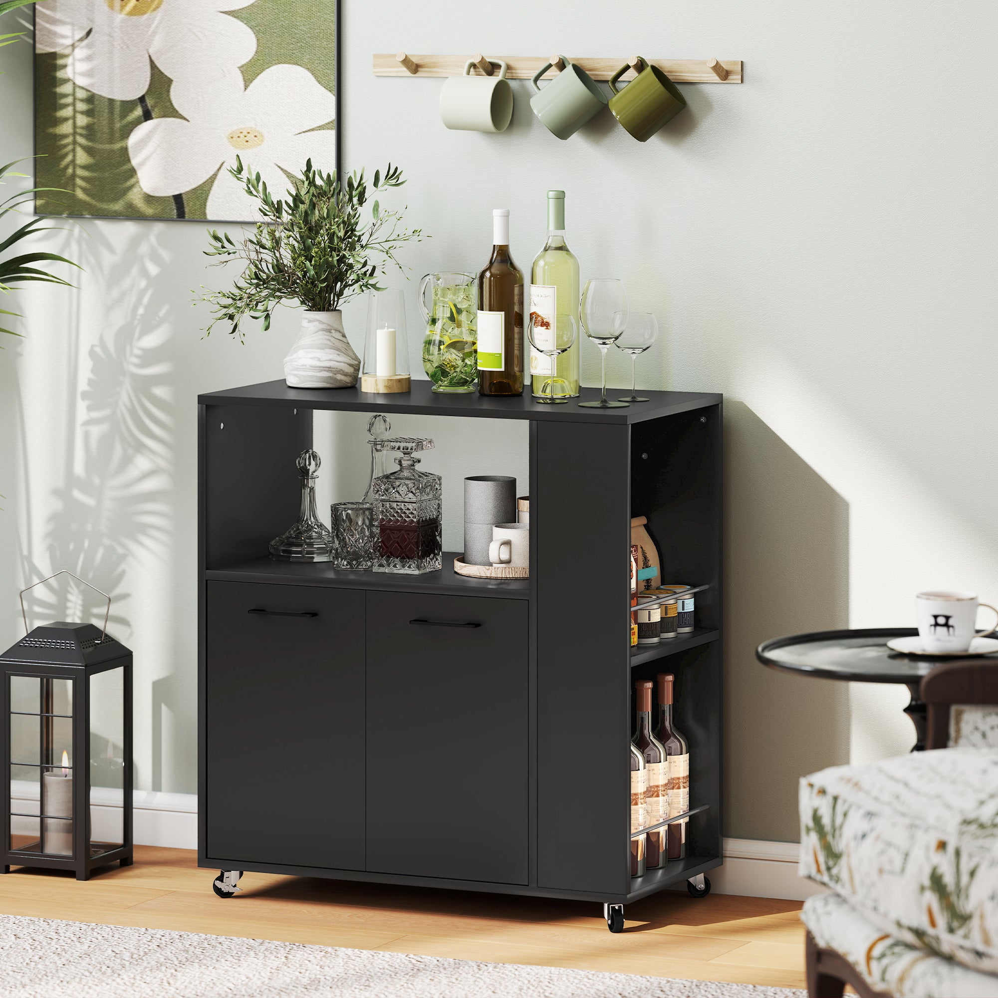 Kitchen Trolley on Wheels, Rolling Kitchen Island Cart with 2-Door Cabinet, Spice Rack and Adjustable Shelf, Storage Serving Trolley Cart for Dining Room, Living Room, Black