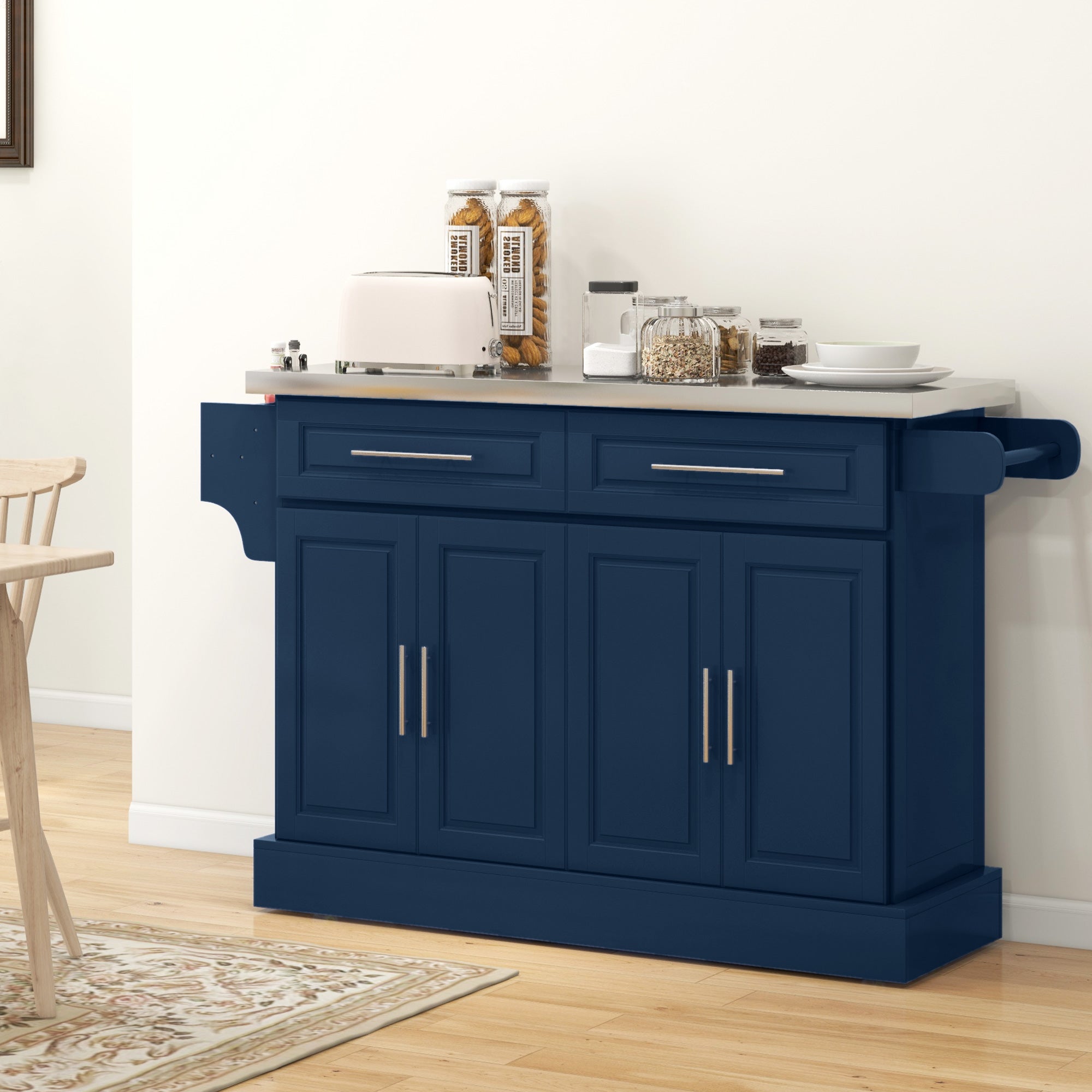 Rolling Kitchen Island with Stainless Steel Top 2 Drawers Spice Knife and Towel Rack Navy