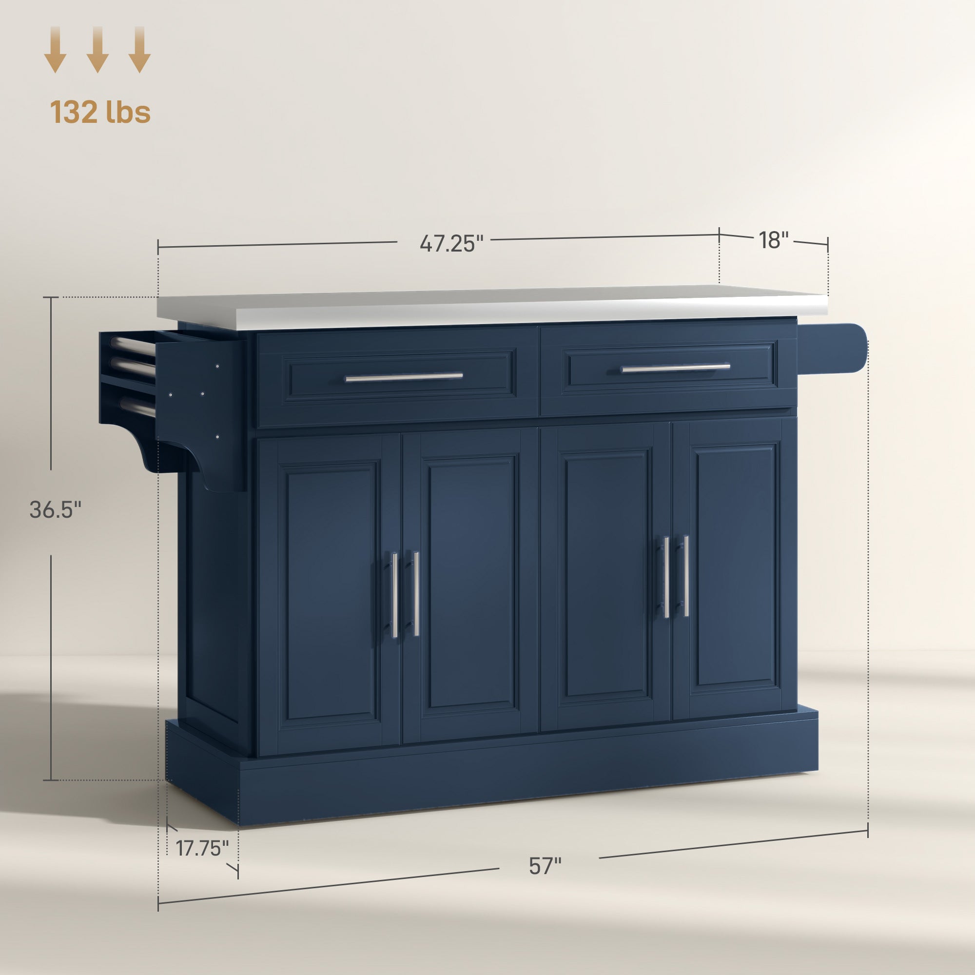 Rolling Kitchen Island with Stainless Steel Top 2 Drawers Spice Knife and Towel Rack Navy