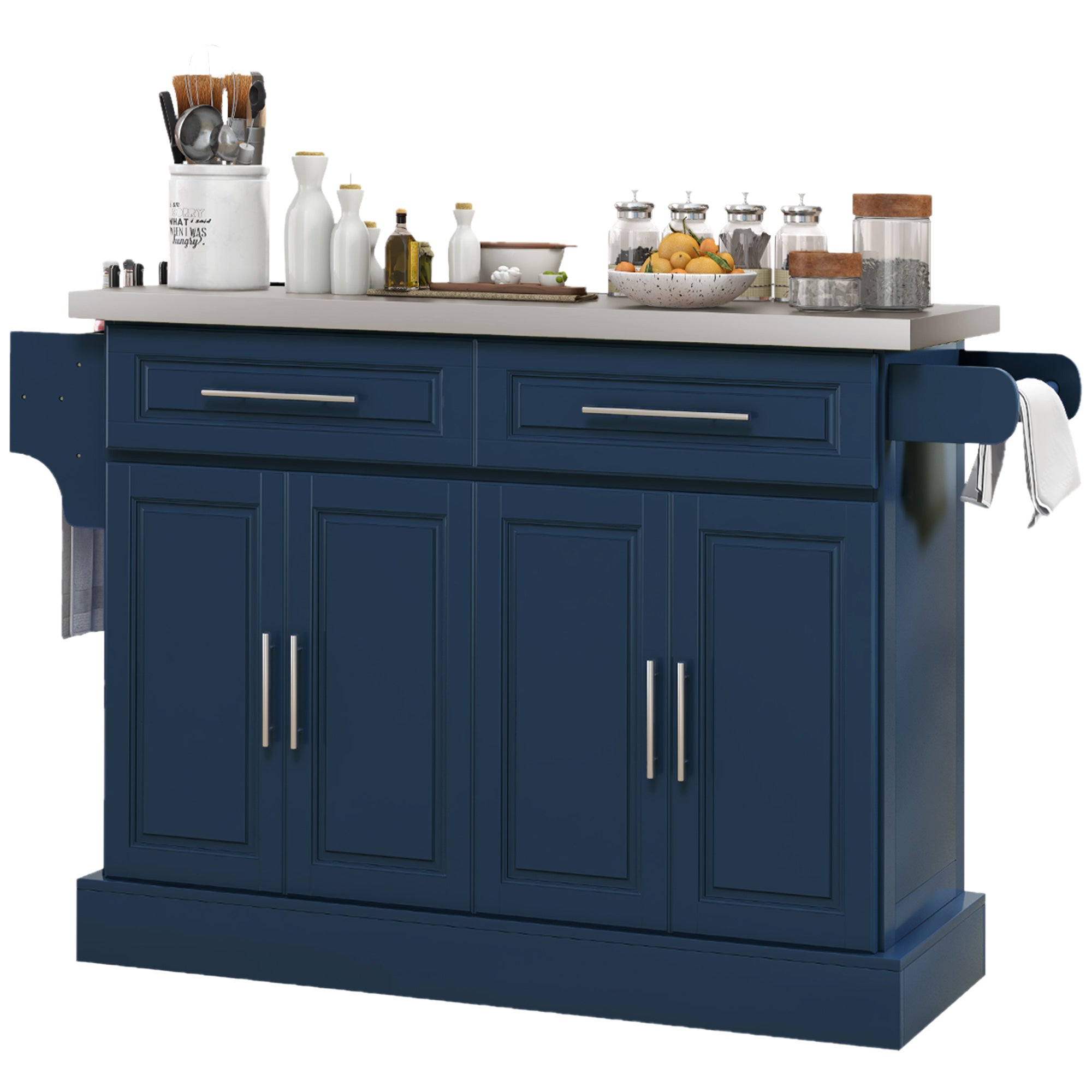 Rolling Kitchen Island with Stainless Steel Top 2 Drawers Spice Knife and Towel Rack Navy