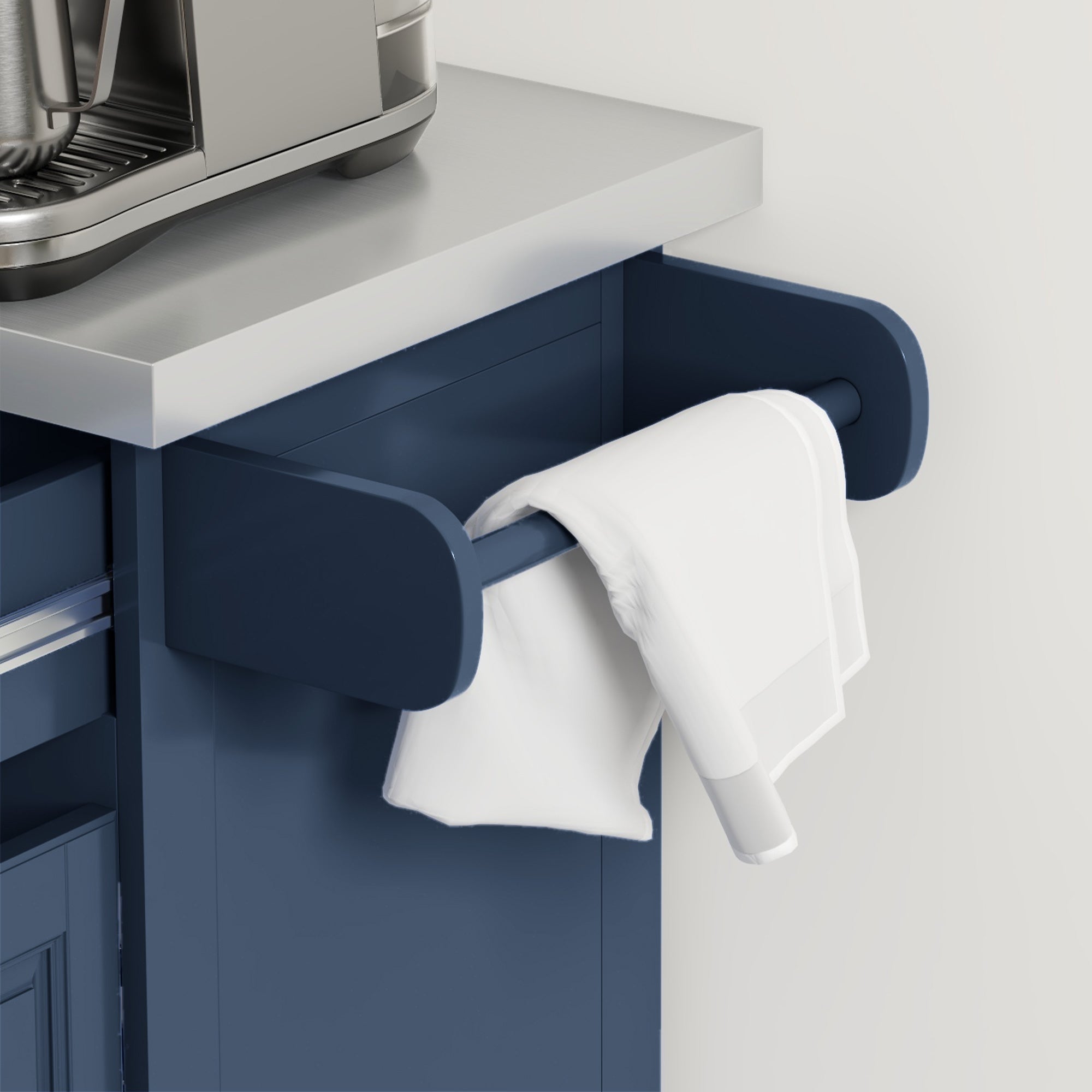 Rolling Kitchen Island with Stainless Steel Top 2 Drawers Spice Knife and Towel Rack Navy