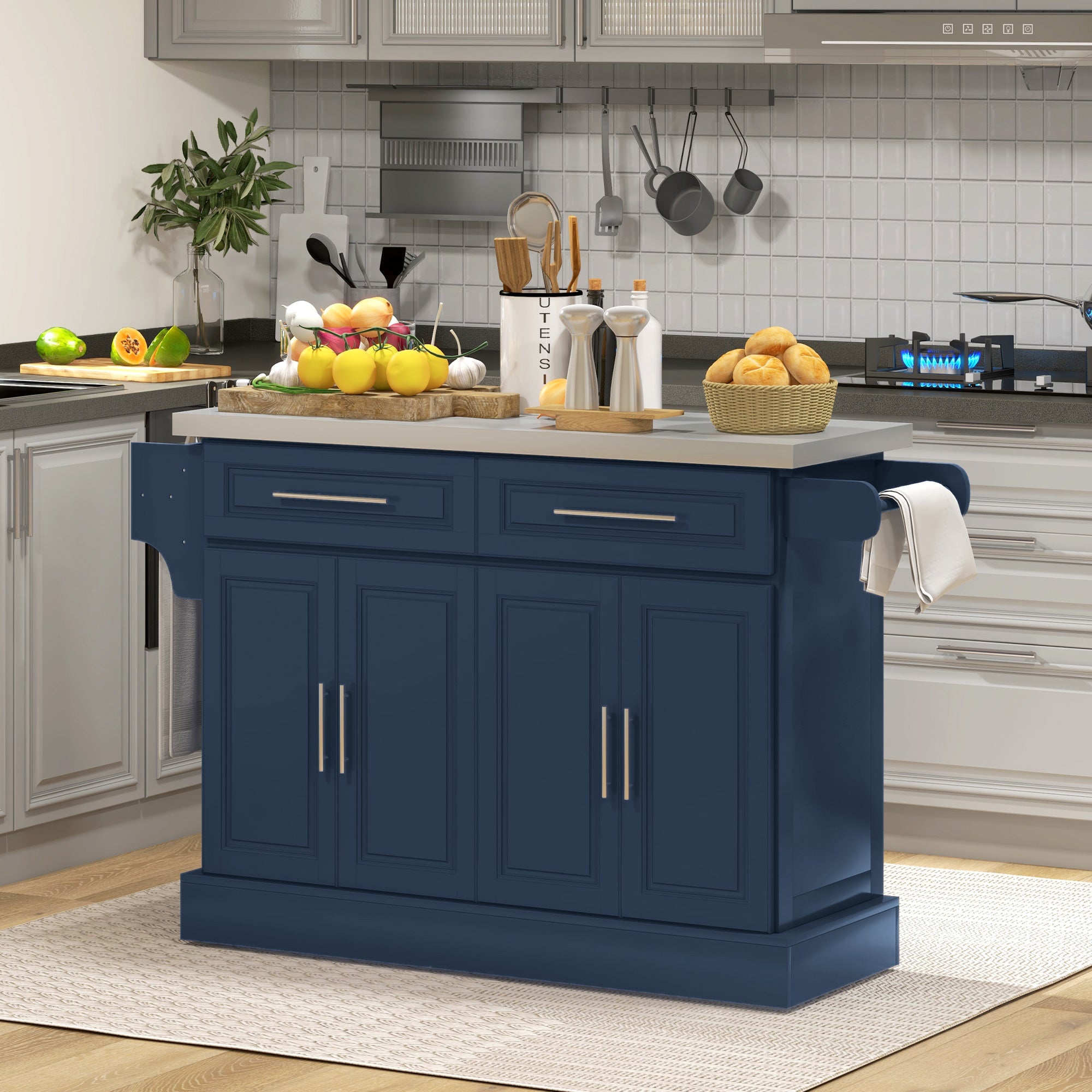 Rolling Kitchen Island with Stainless Steel Top 2 Drawers Spice Knife and Towel Rack Navy