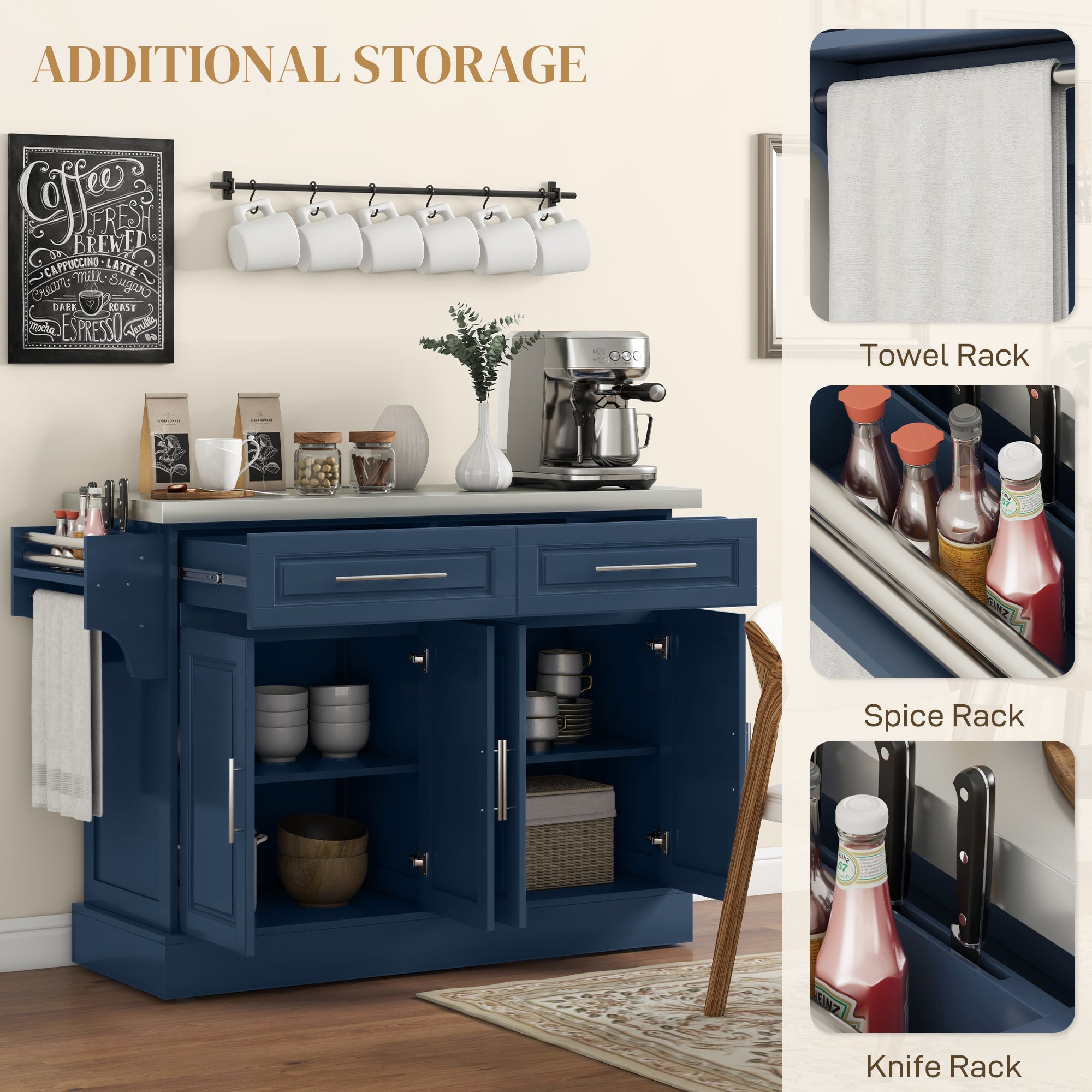 Rolling Kitchen Island with Stainless Steel Top 2 Drawers Spice Knife and Towel Rack Navy