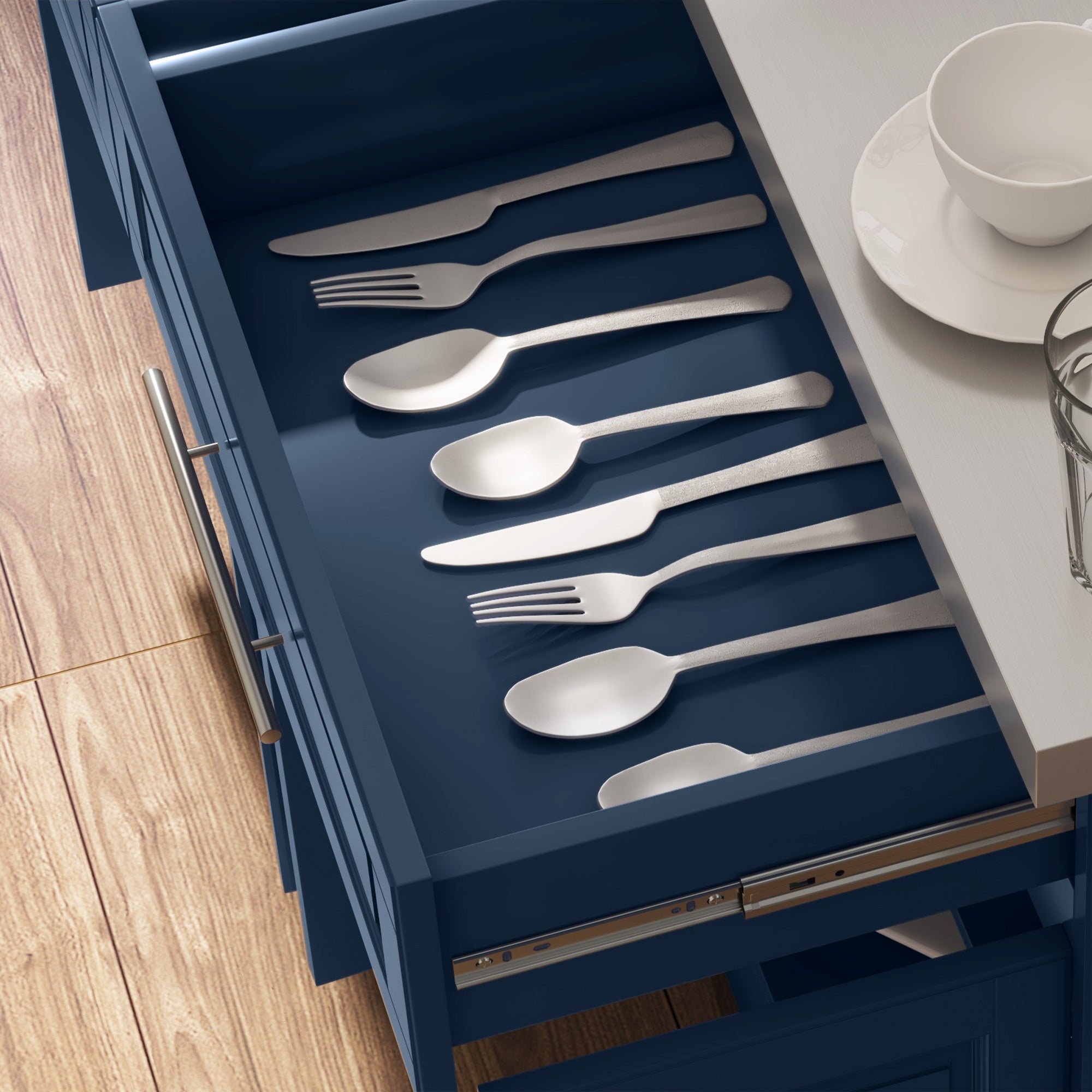 Rolling Kitchen Island with Stainless Steel Top 2 Drawers Spice Knife and Towel Rack Navy