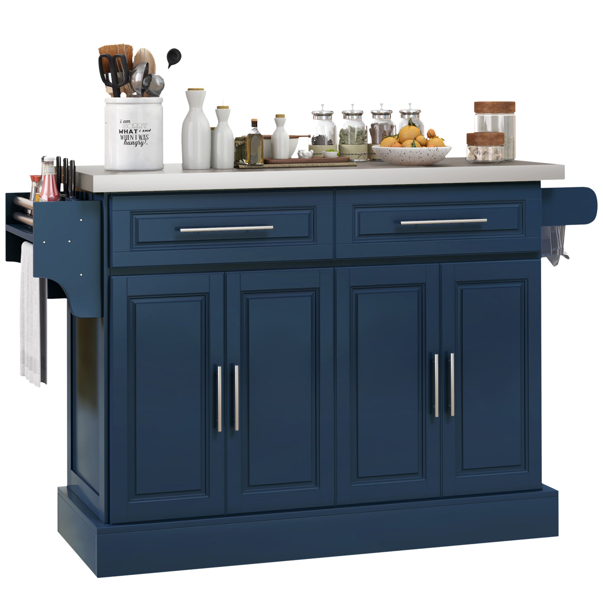 Rolling Kitchen Island with Stainless Steel Top 2 Drawers Spice Knife and Towel Rack Navy