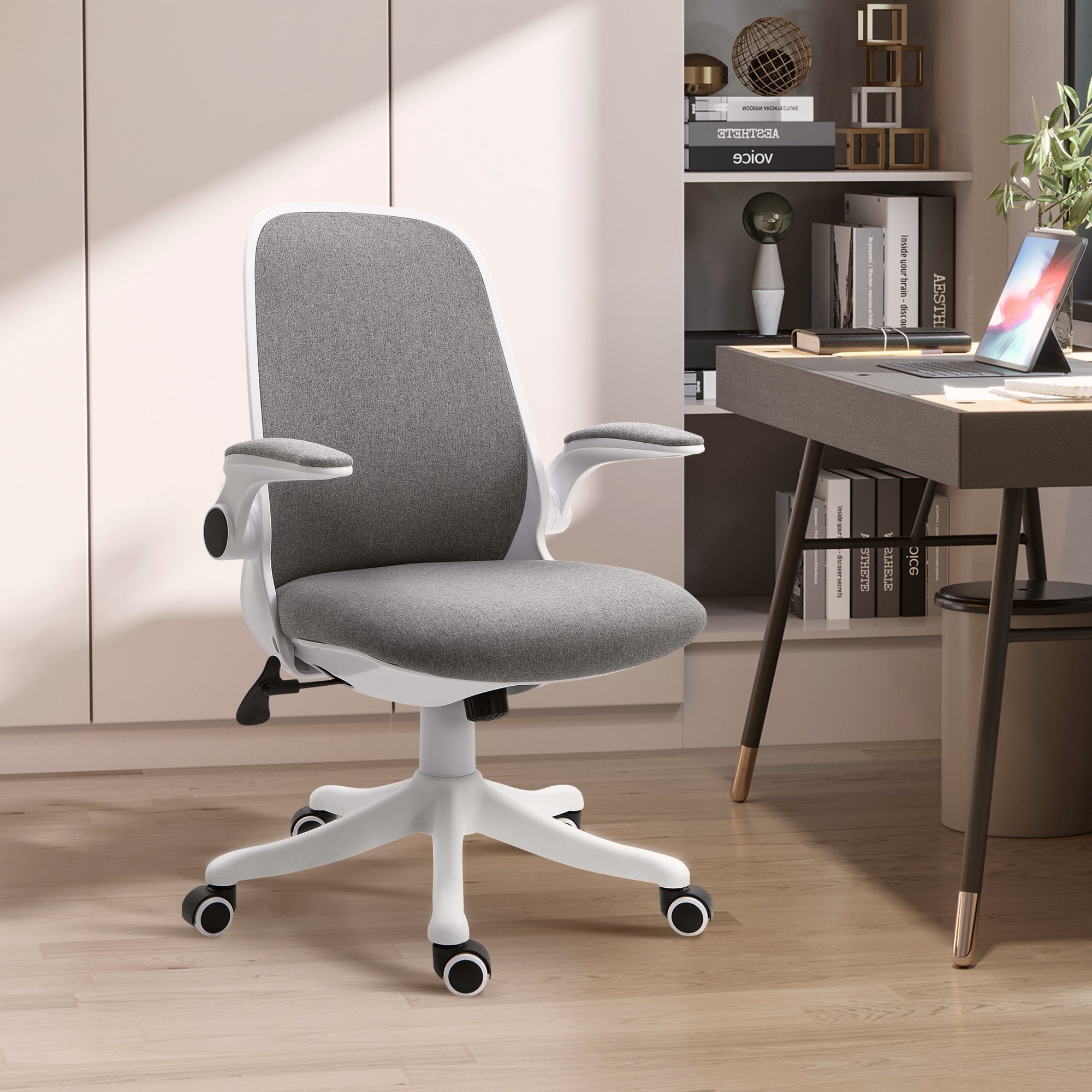 Vinsetto Office Chair 360° Swivel Task Desk Breathable Fabric Computer Chair with Flip-up Arms and Adjustable Height, Grey