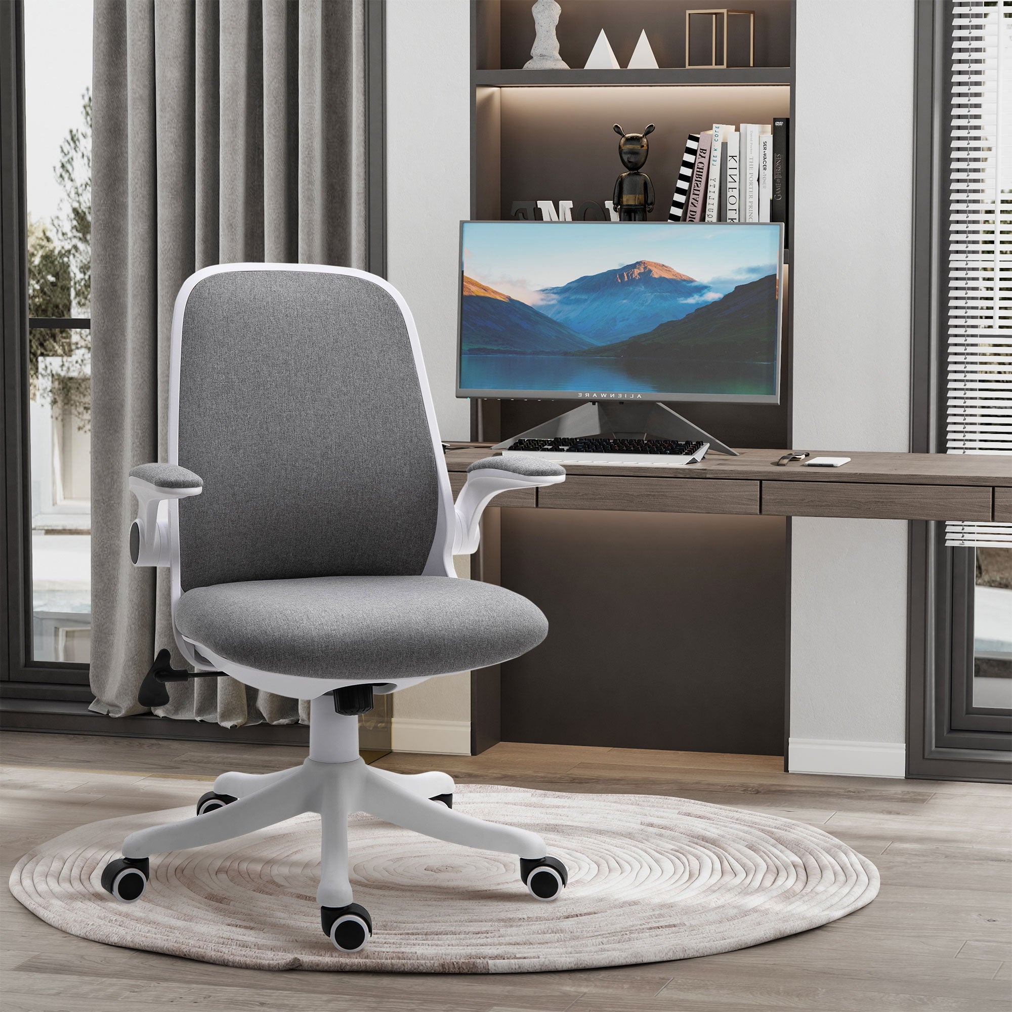 Vinsetto Office Chair 360° Swivel Task Desk Breathable Fabric Computer Chair with Flip-up Arms and Adjustable Height, Grey