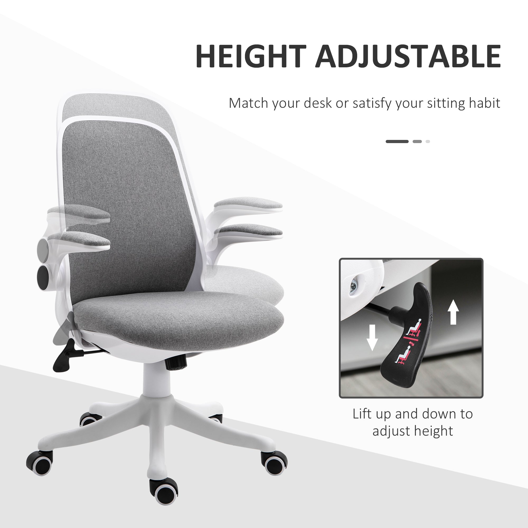 Vinsetto Office Chair 360° Swivel Task Desk Breathable Fabric Computer Chair with Flip-up Arms and Adjustable Height, Grey