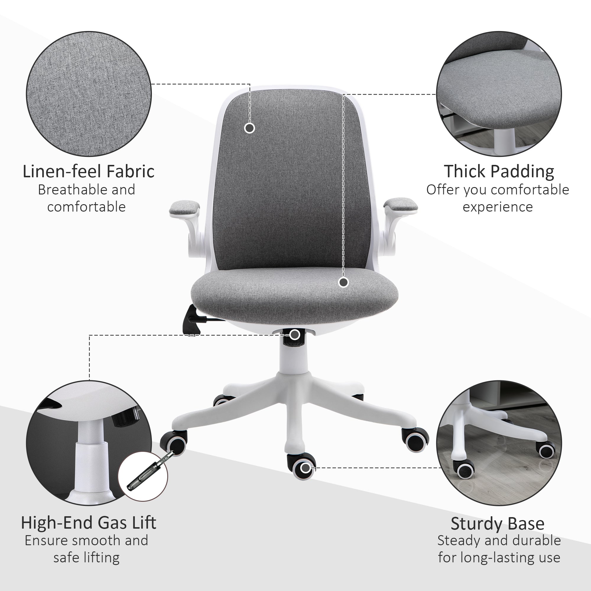 Vinsetto Office Chair 360° Swivel Task Desk Breathable Fabric Computer Chair with Flip-up Arms and Adjustable Height, Grey