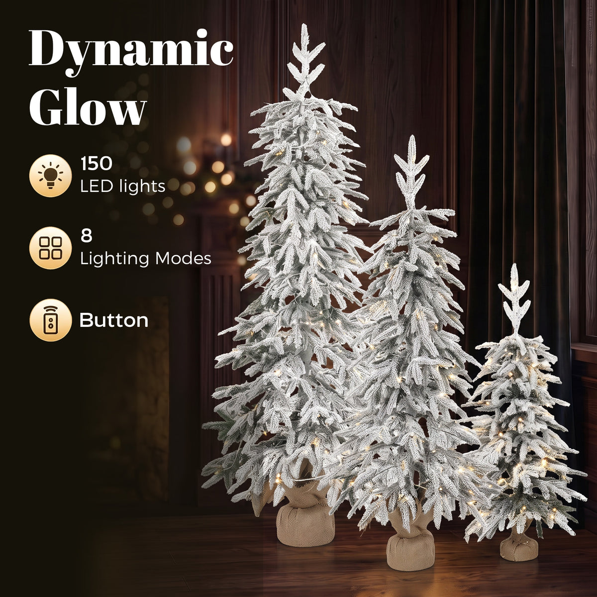 Prelit Flocked Artificial Christmas Tree Set of 3, Snowy Xmas Tree with PE Tips, Warm White LED Lights, 8 Modes, Space Saving Slim Pencil Xmas Decoration Tree 3FT+4FT+5FT