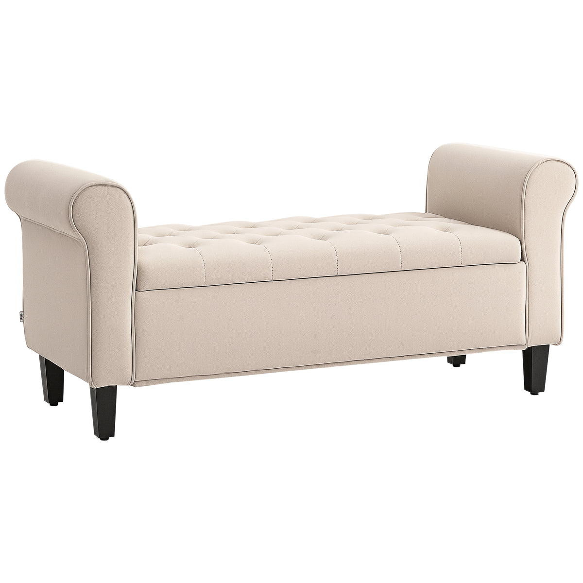 50" Storage Ottoman, Upholstered Bedroom Bench with Rolled Arms, Wood Legs, Button Tufted Storage Bench Seat with Safety Hinges for Entryway, Bedroom, Beige