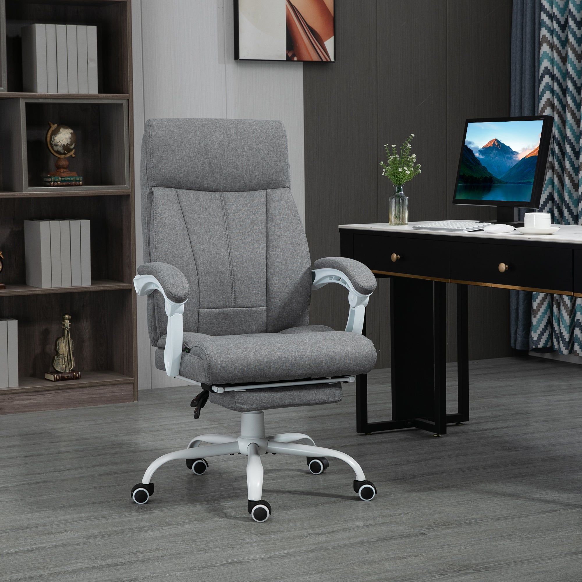 Vinsetto Office Chair, Ergonomic Desk Chair, Fabric Work Study Chair with 155° Reclining Back and Footrest, Adjustable Height and Swivel Wheels, Grey
