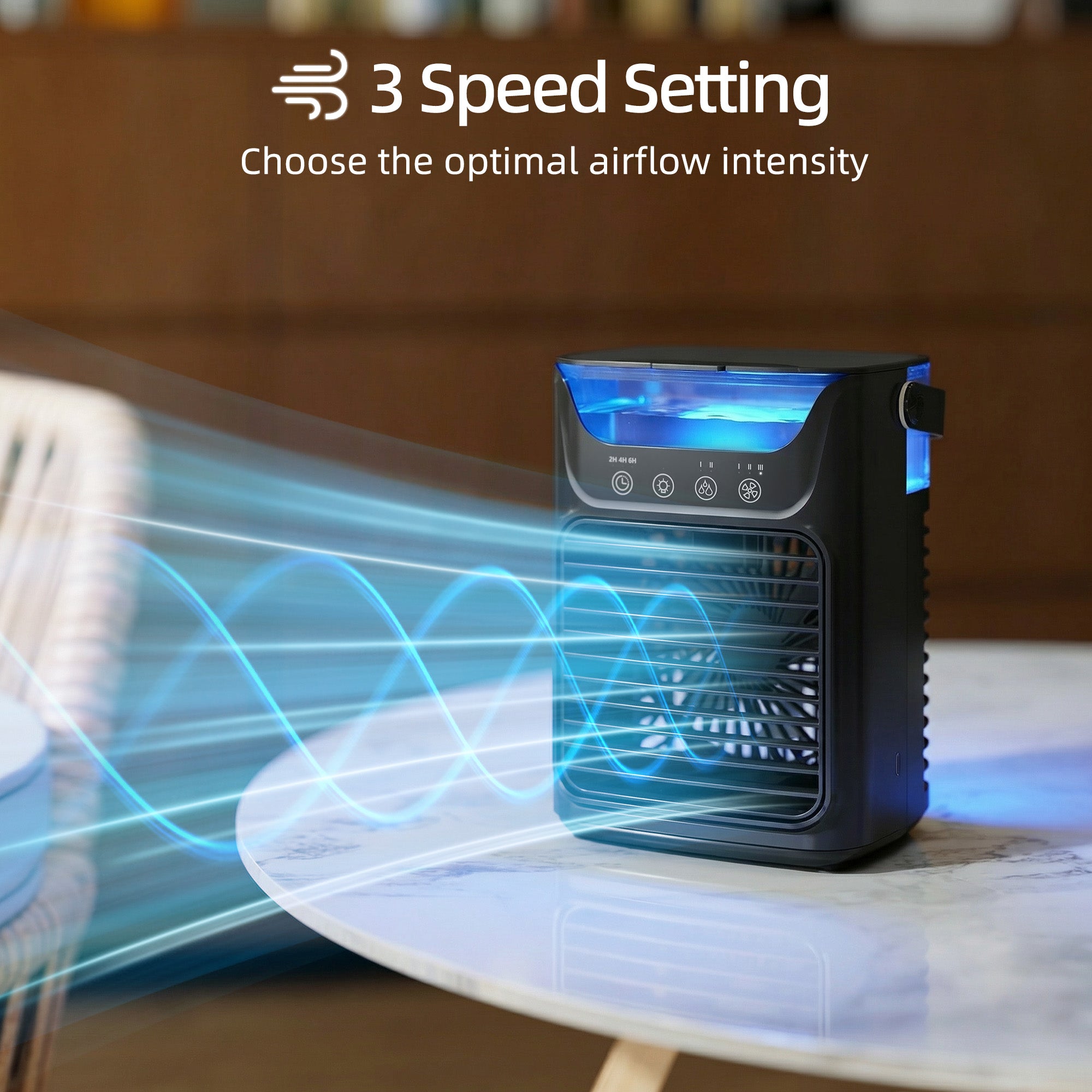 21 cm Desk Fan with Adjustable Head, 3-Speed Table Fan with 700 ml Water Tank, Small Fan with RGB Light for Bedroom, Home Office, Black