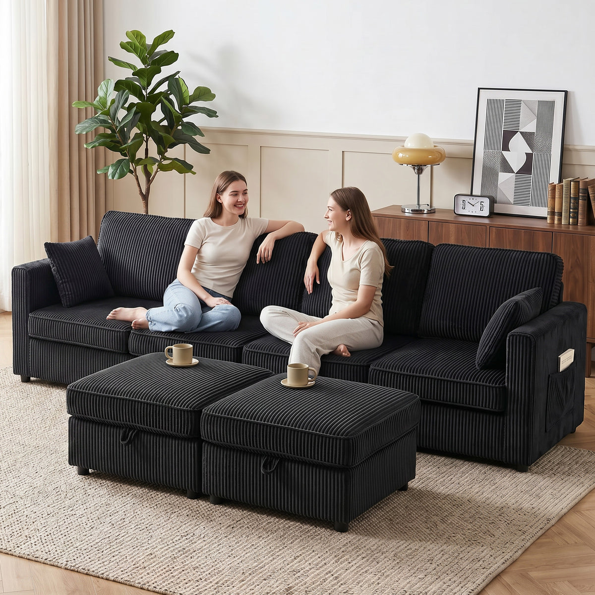 Modular Sectional Sofa with Dual Storage Ottoman, 306 cm 4 Seater U-Shaped Couch, Corduroy Sofa Bed with Under-Seat Storage, 4 Pillows, Pocket Springs, Pockets, Dark Grey