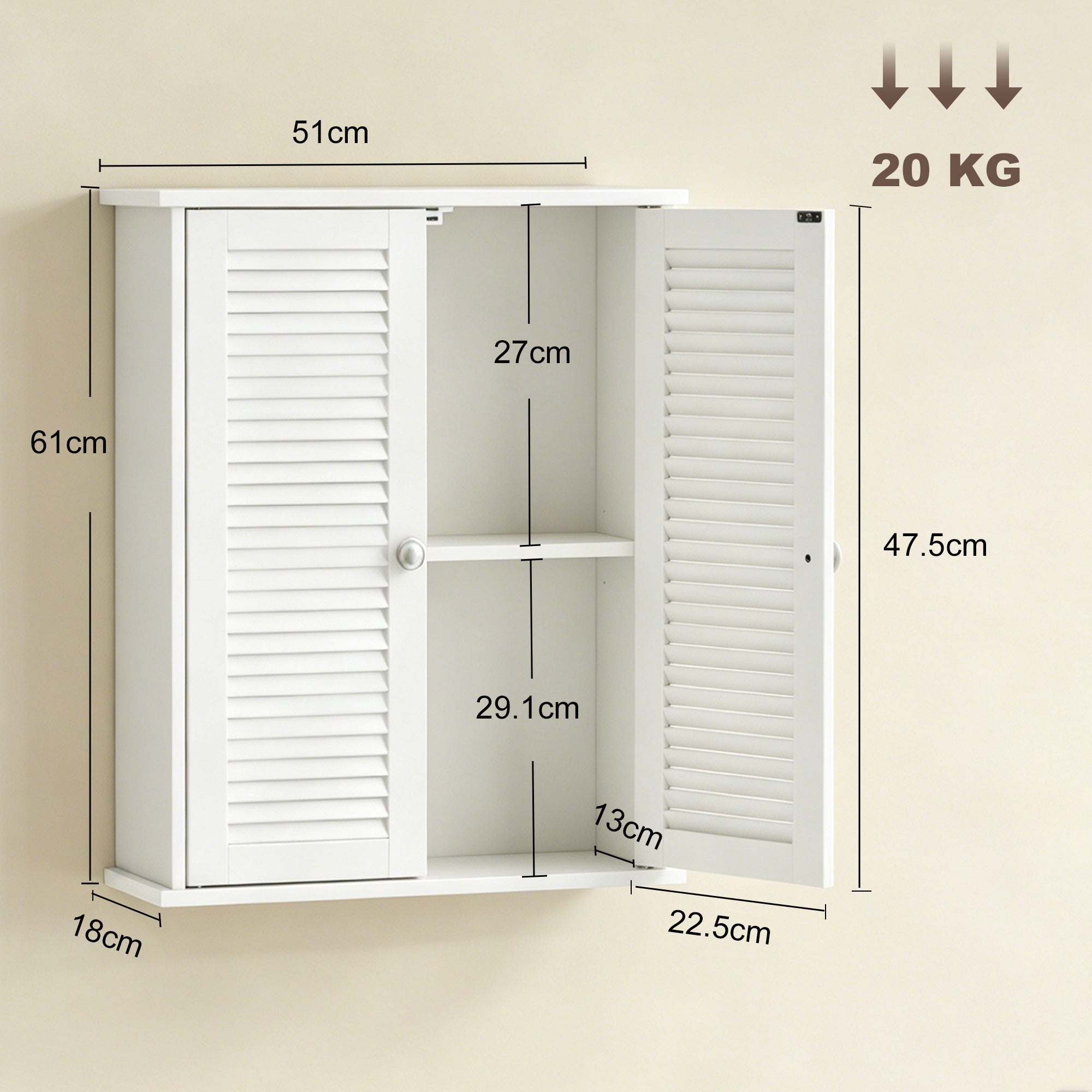 Bathroom Wall Cabinet, Wall-Mounted Over-The-Toilet Space Saver with Louvered Doors and Adjustable Shelf Storage for Kitchen, Living Room, White