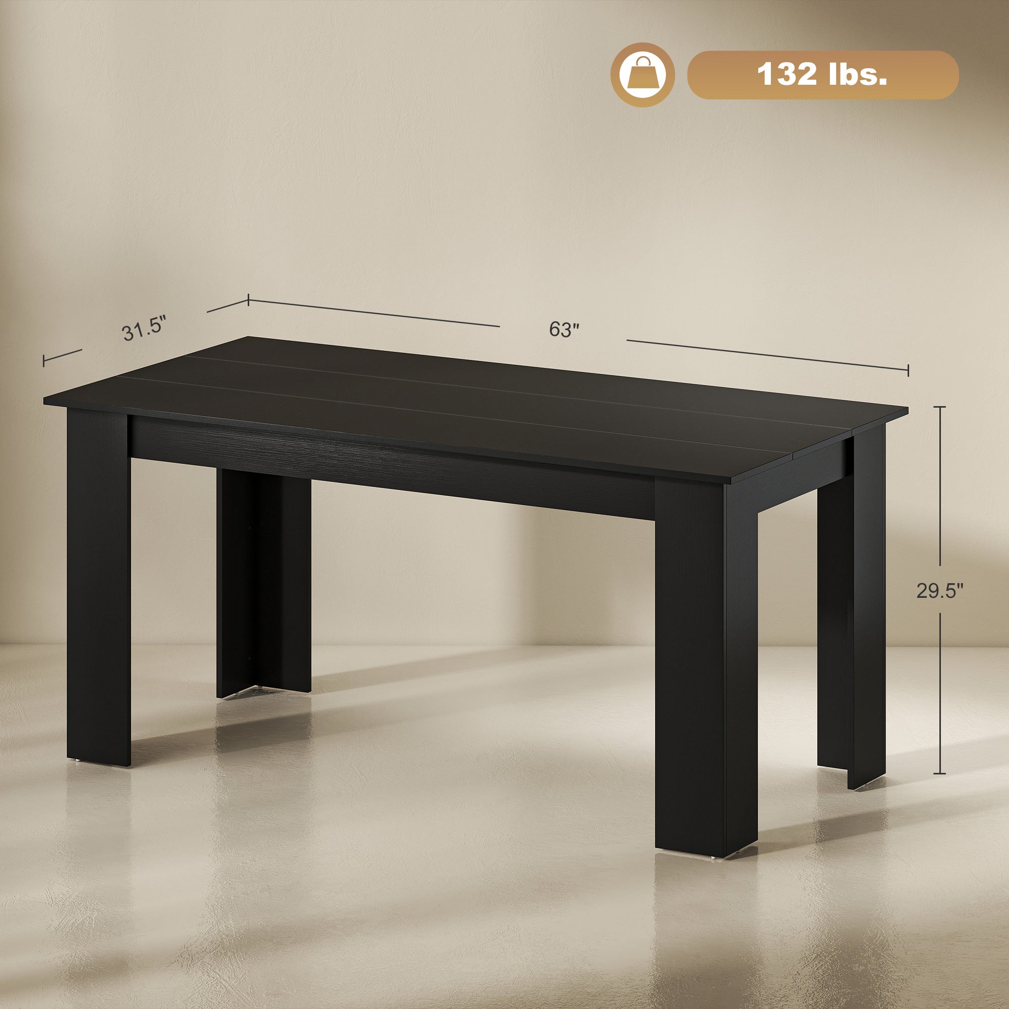 63" Dining Table for 4-6 People, Mid-Century Modern Rectangular Kitchen Table with Wood Effect for Dining Room, Living Room, Black Wood Effect